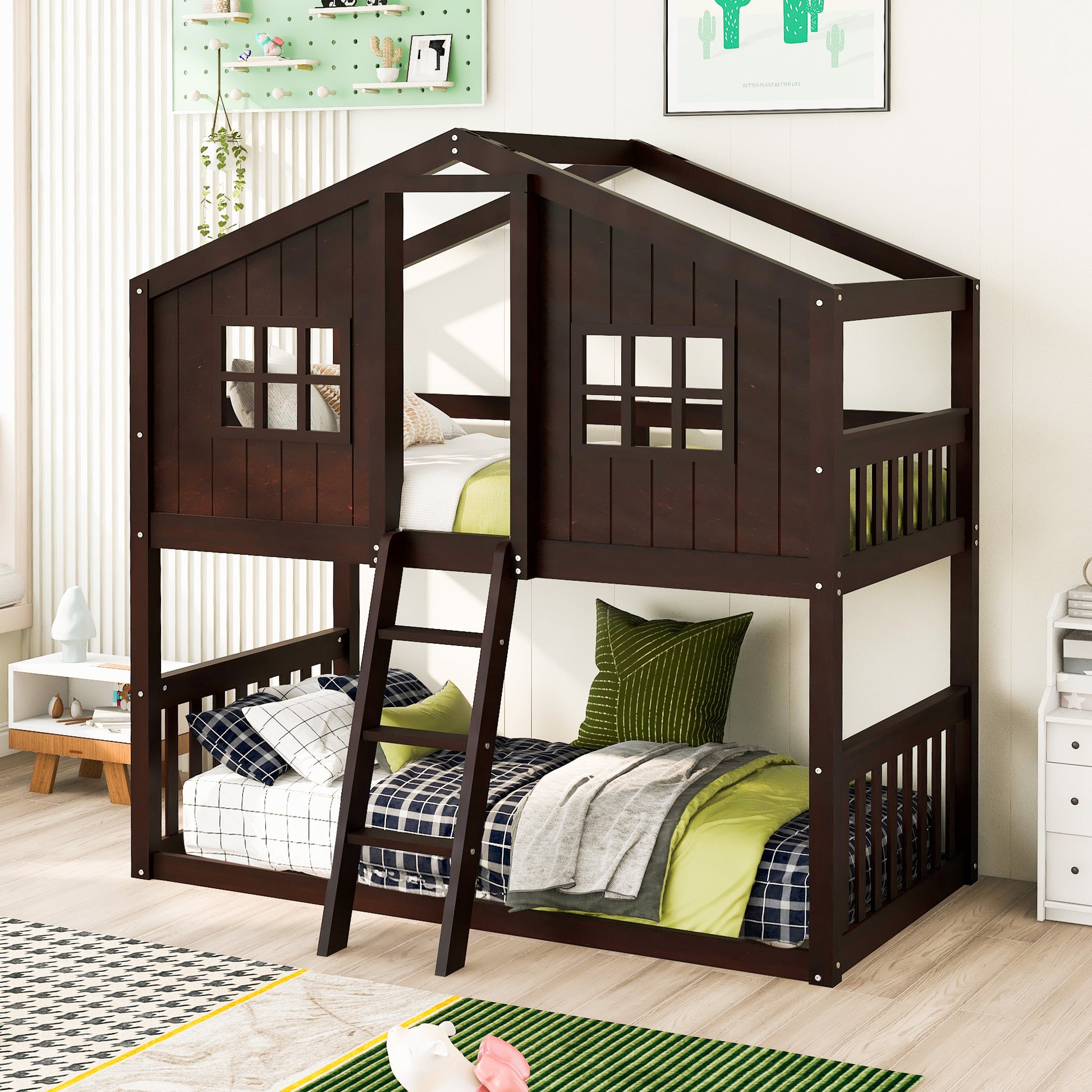 Twin Over Twin House Bunk Bed With Ladder, Wood Bed Espresso Espresso Solid Wood