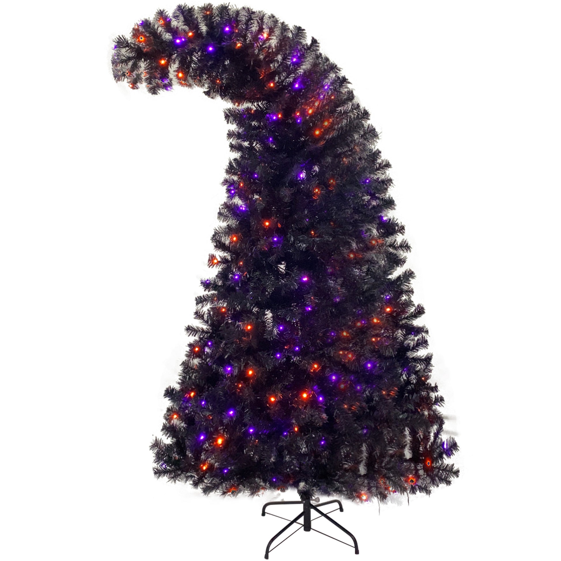 6Ft Artificial Fir Bent Top Halloween Christmas Tree, Xmas Tree Bendable Grinch Style Christmas Tree Holiday Decoration W 1,080 Lush Branch Tips, 300 Led Lights X Mas Halloween Style Black Vinyl