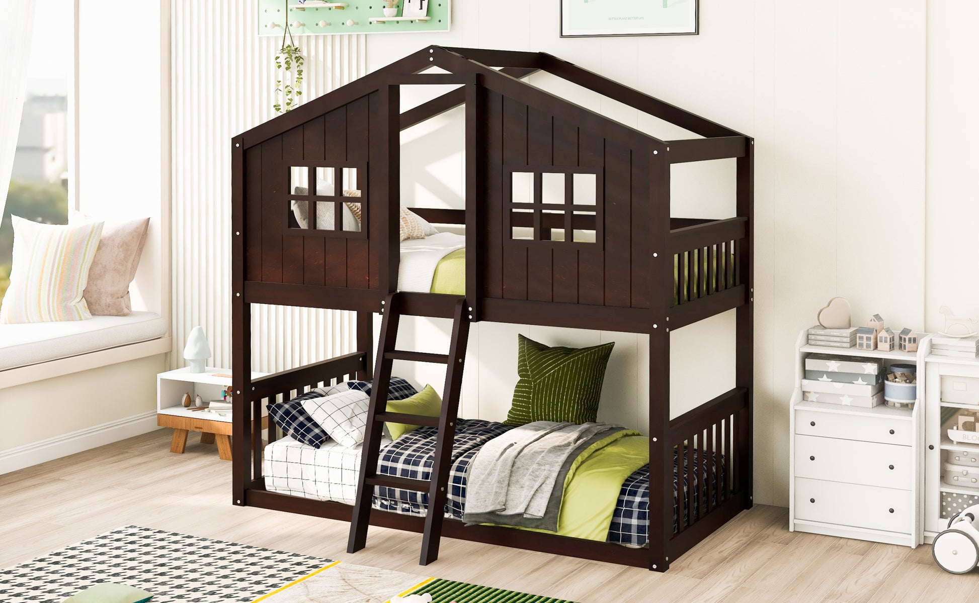 Twin Over Twin House Bunk Bed With Ladder, Wood Bed Espresso Espresso Solid Wood