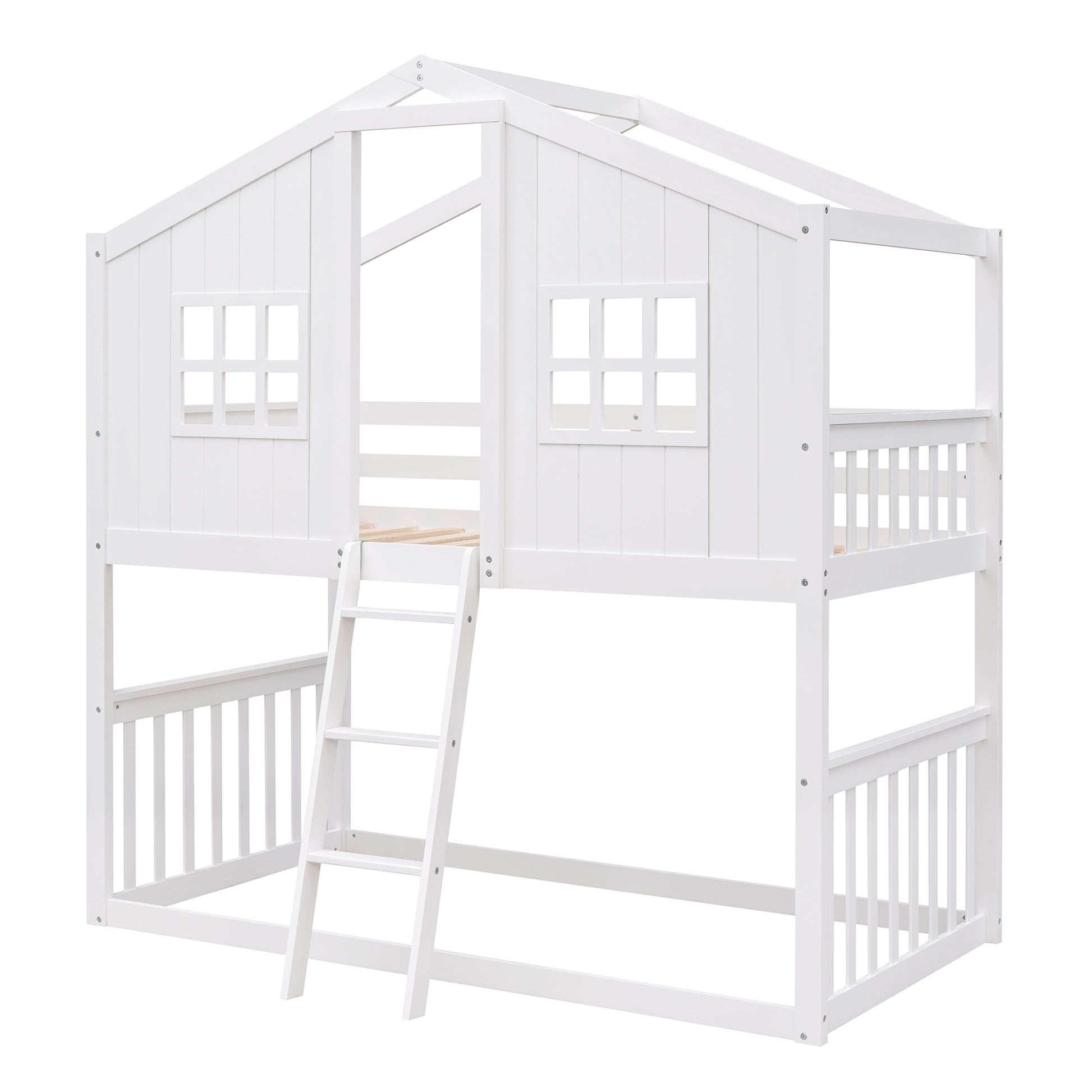 Twin Over Twin House Bunk Bed With Ladder, Wood Bed White White Solid Wood