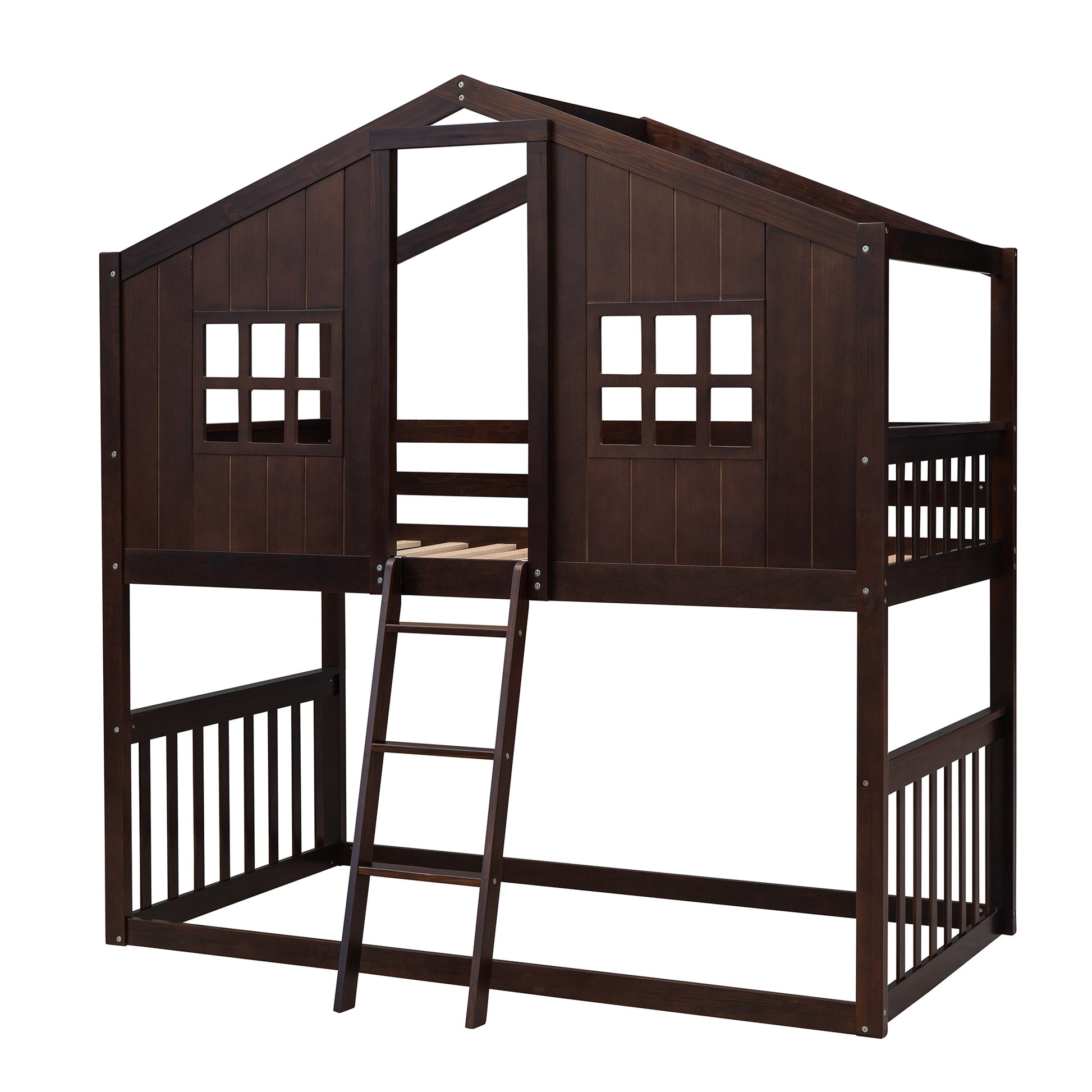 Twin Over Twin House Bunk Bed With Ladder, Wood Bed Espresso Espresso Solid Wood