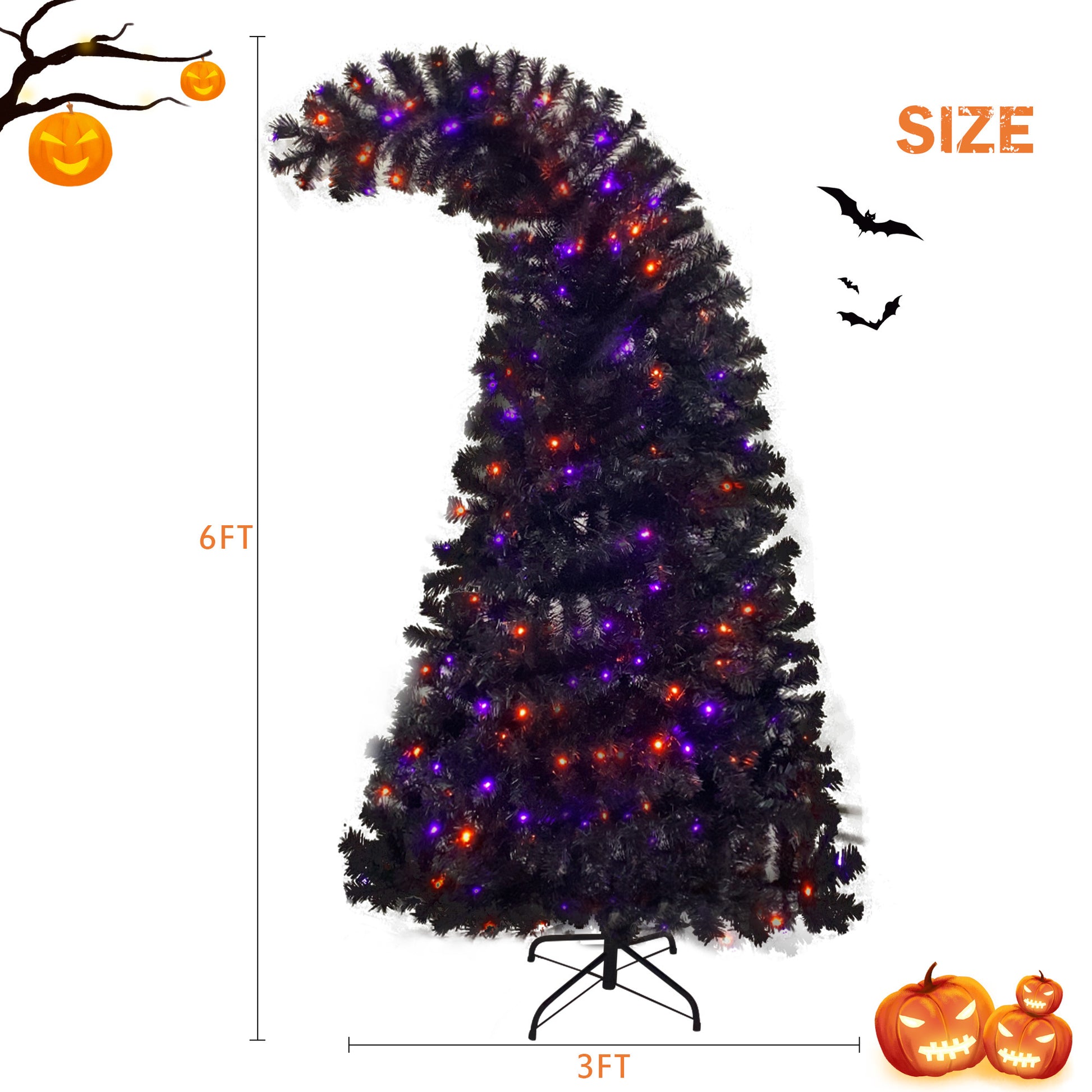 6Ft Artificial Fir Bent Top Halloween Christmas Tree, Xmas Tree Bendable Grinch Style Christmas Tree Holiday Decoration W 1,080 Lush Branch Tips, 300 Led Lights X Mas Halloween Style Black Vinyl