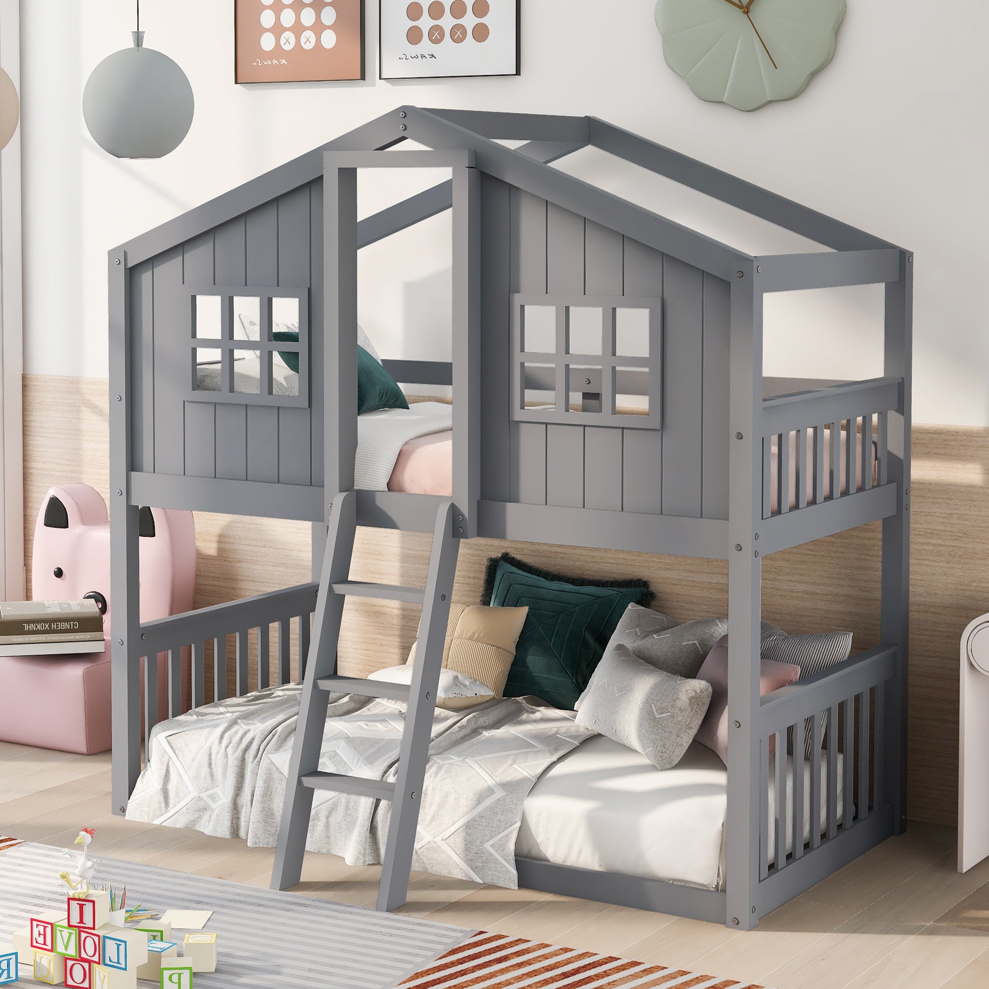 Twin Over Twin House Bunk Bed With Ladder, Wood Bed Gray Gray Solid Wood