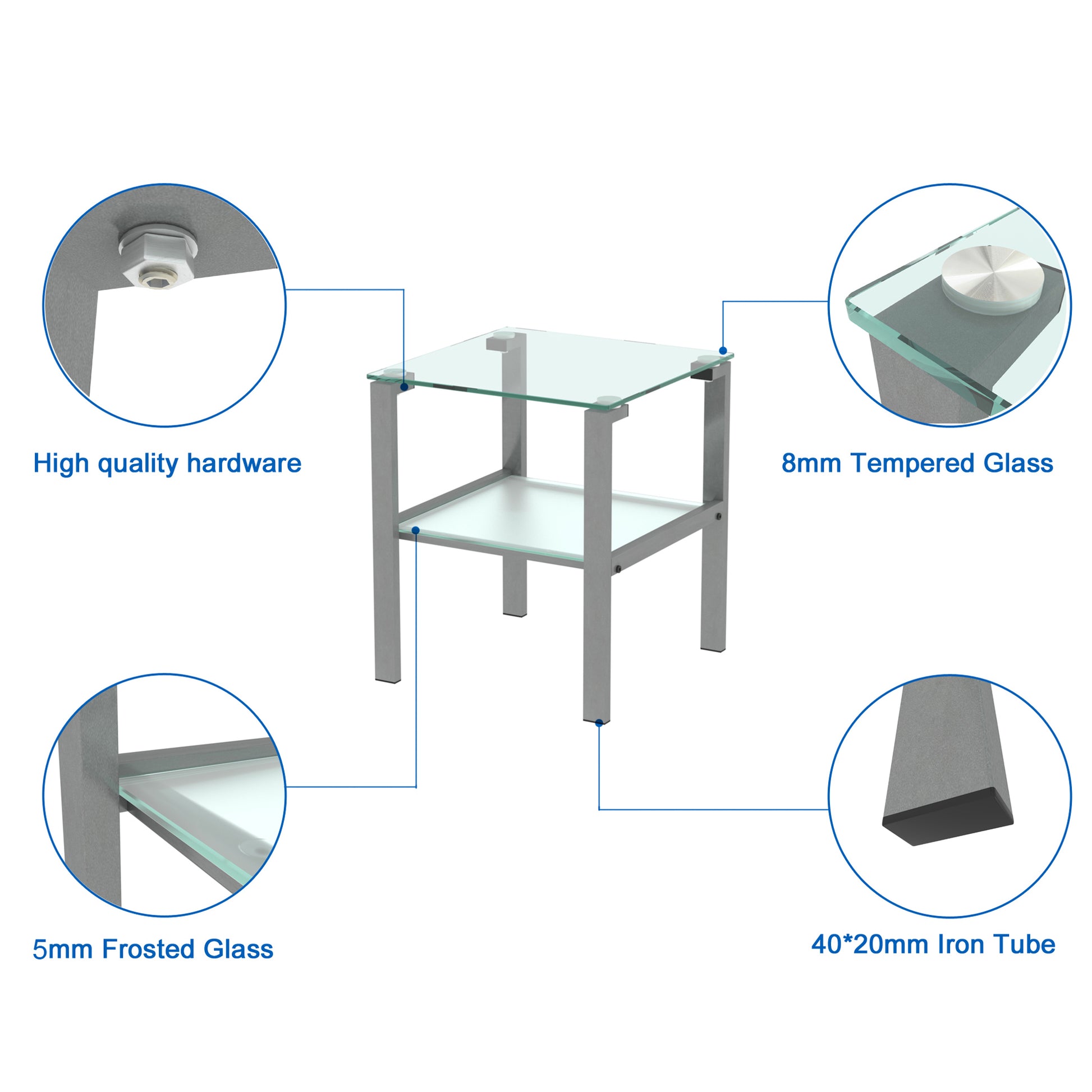 Glass Two Layer Tea Table, Small Round Table, Bedroom Corner Table, Living Room Grey Side Table Gray Glass