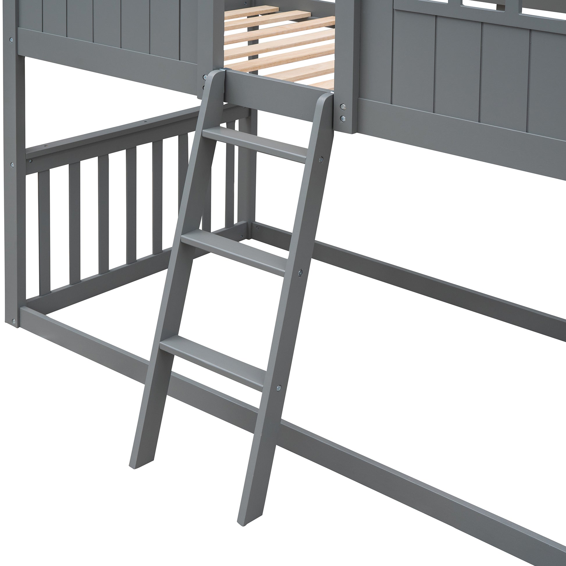 Twin Over Twin House Bunk Bed With Ladder, Wood Bed Gray Gray Solid Wood