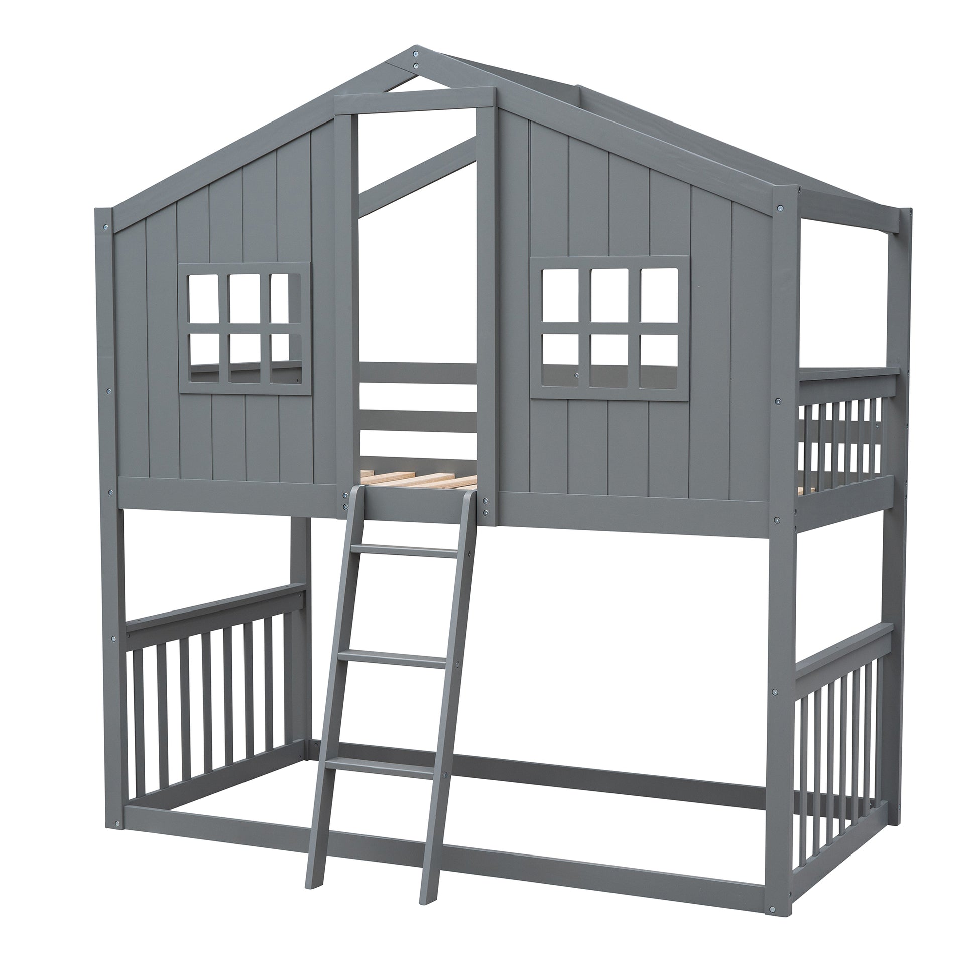 Twin Over Twin House Bunk Bed With Ladder, Wood Bed Gray Gray Solid Wood