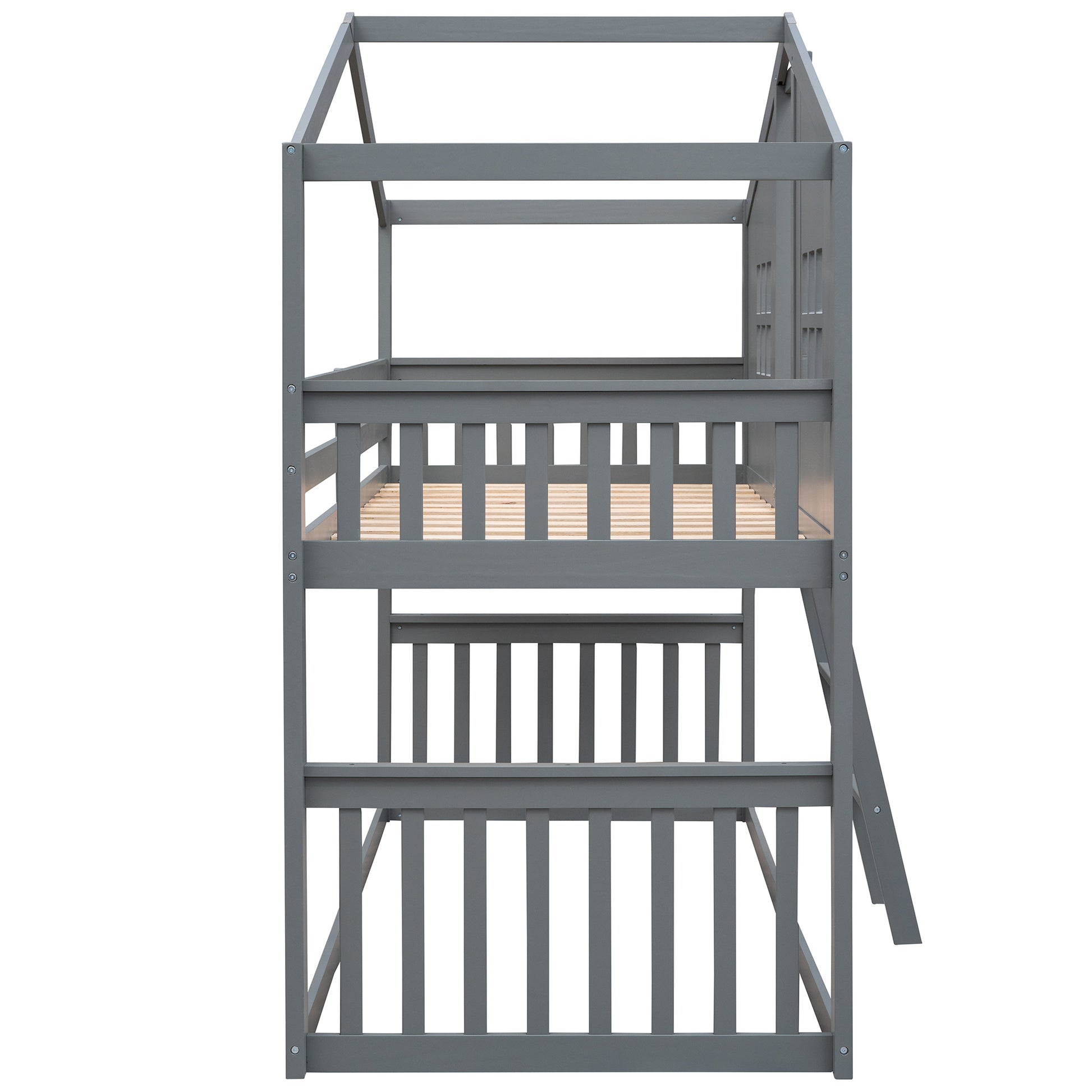 Twin Over Twin House Bunk Bed With Ladder, Wood Bed Gray Gray Solid Wood