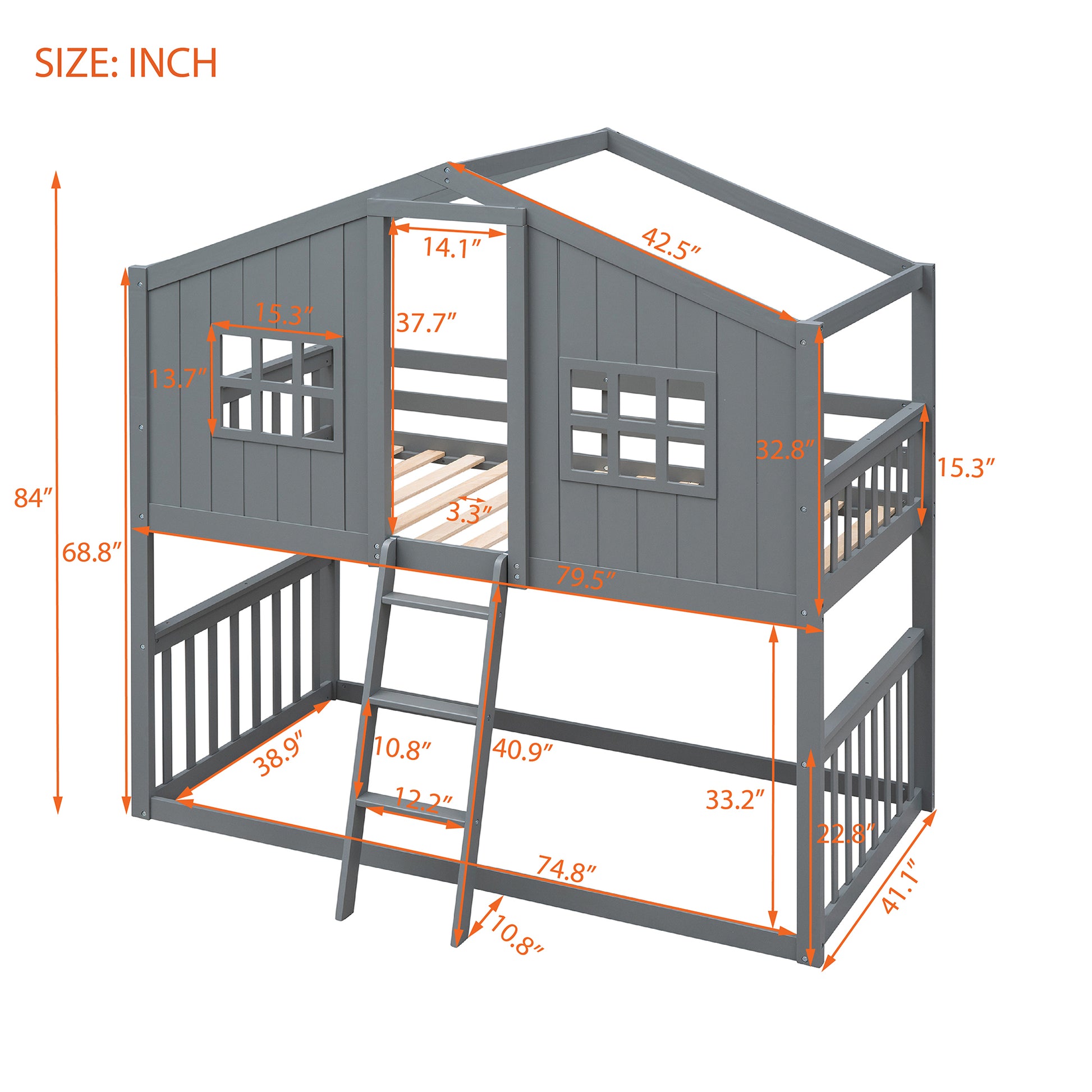 Twin Over Twin House Bunk Bed With Ladder, Wood Bed Gray Gray Solid Wood