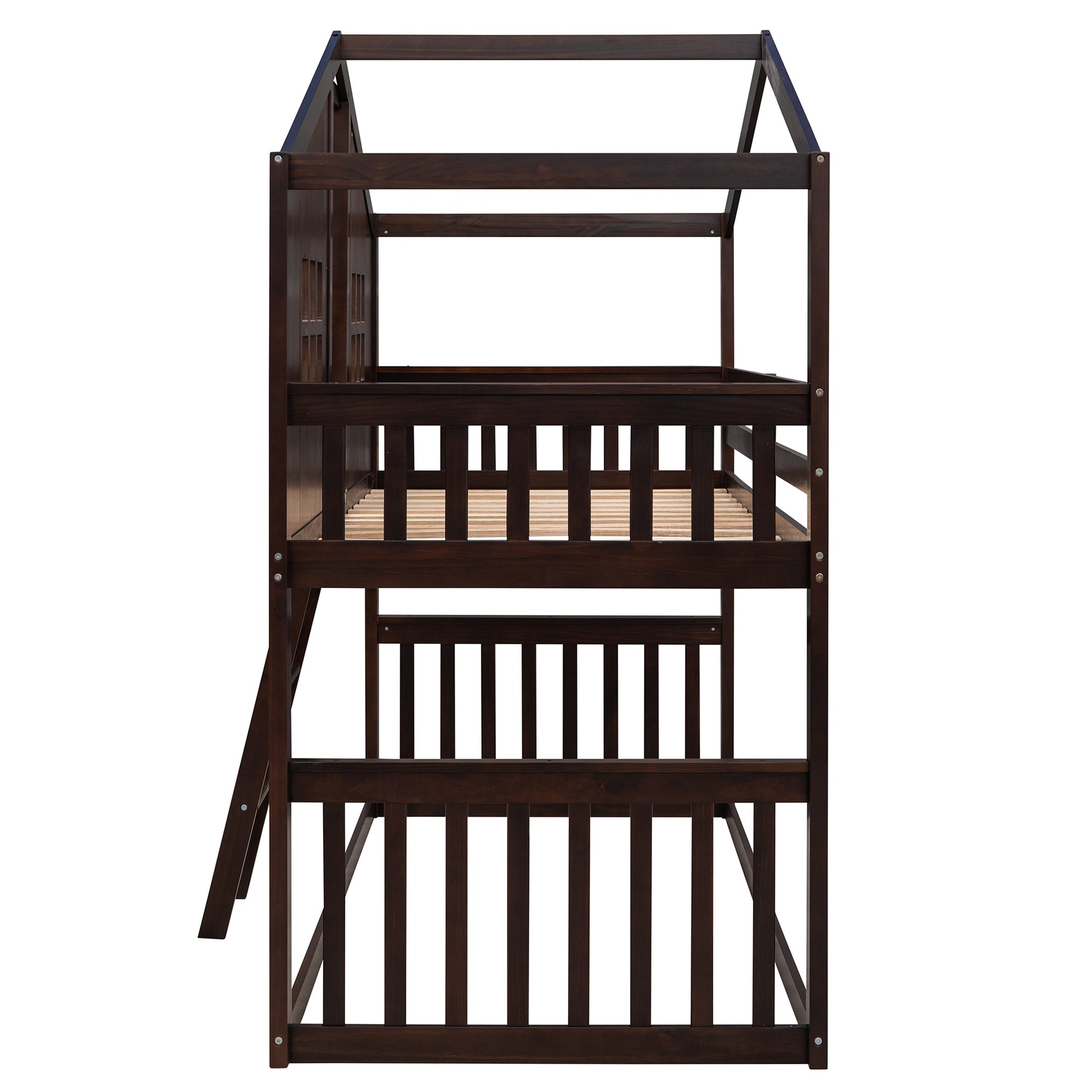 Twin Over Twin House Bunk Bed With Ladder, Wood Bed Espresso Espresso Solid Wood