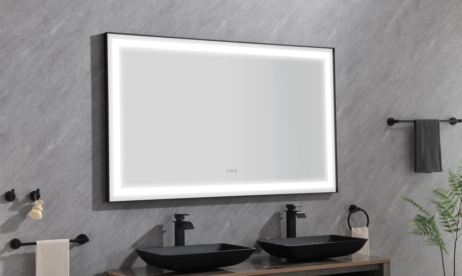 72*48 Led Lighted Bathroom Wall Mounted Mirror With High Lumen Anti Fog Separately Control Matte Black Aluminium