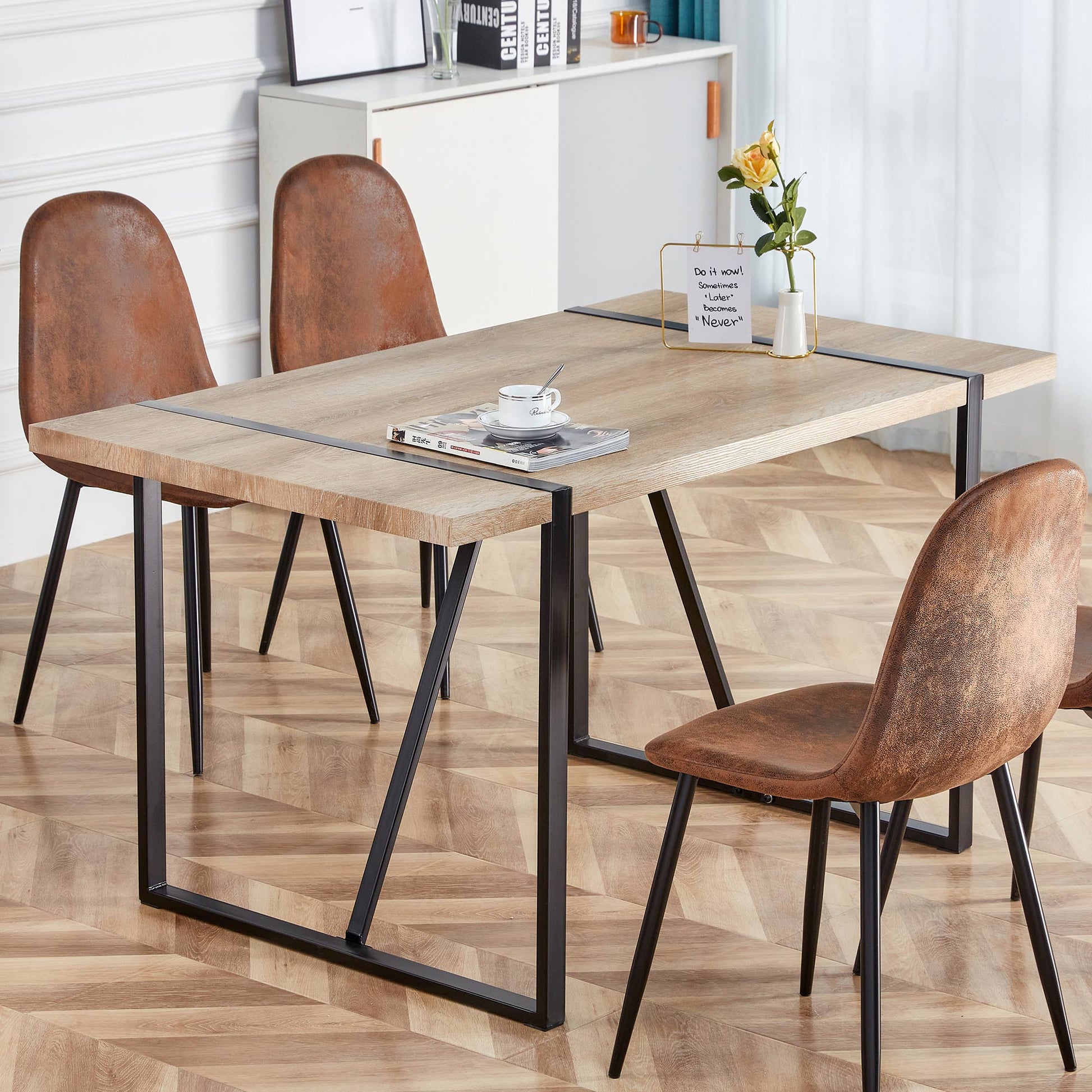 Rustic Industrial Rectangular Wood Dining Table For 4 6 Person, With 1.5" Thick Engineered Wood Color Tabletop And Black Metal Legs,Desk For Kitchen Dining Living Room, 55.1" X 31.4"X