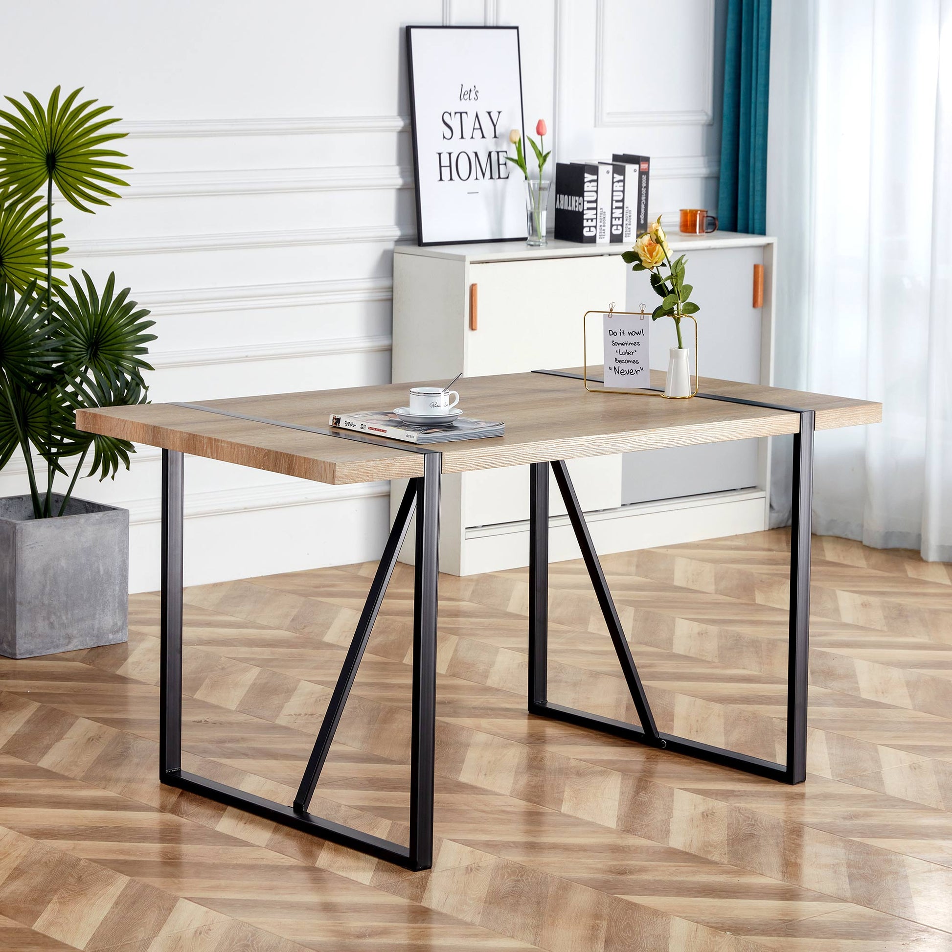 Rustic Industrial Rectangular Wood Dining Table For 4 6 Person, With 1.5" Thick Engineered Wood Color Tabletop And Black Metal Legs,Desk For Kitchen Dining Living Room, 55.1" X 31.4"X