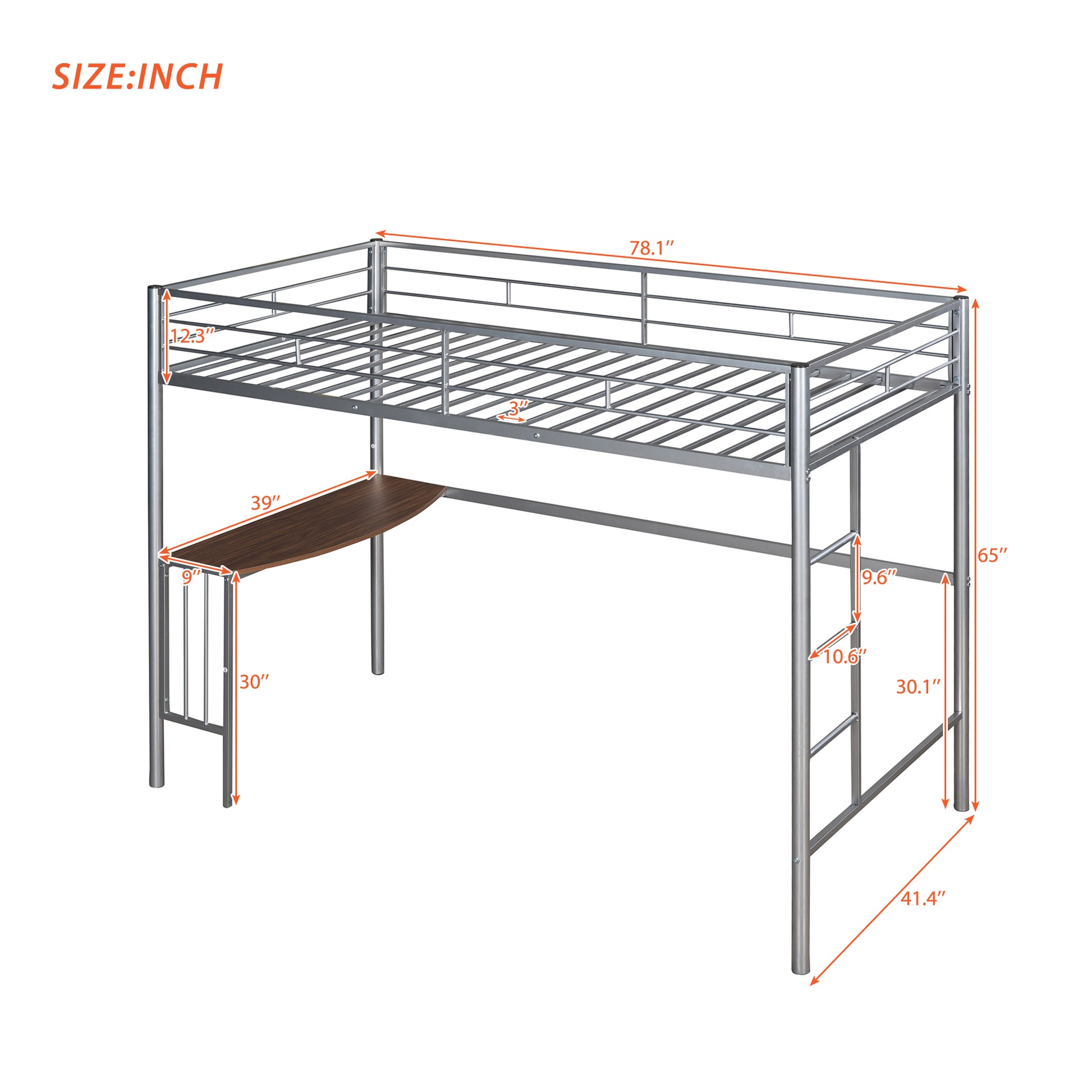 Twin Metal Loft Bed With Desk, Ladder And Guardrails, Loft Bed For Bedroom, Silver Old Skumf195191Aan Twin Silver Metal