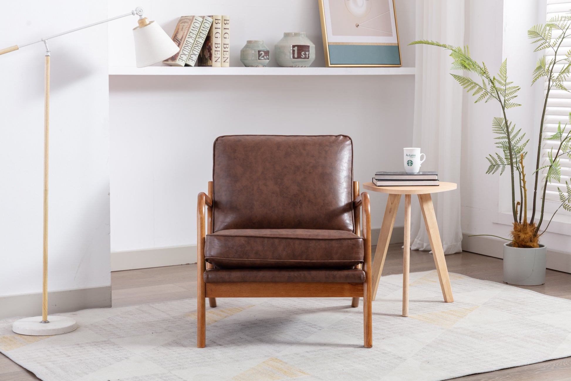 Coolmore Mid Century Modern Accent Chair, Comfy Fabric Living Room Chairs With Solid Wood Frame, Lounge Reading Armchair, Easy Assembly Brown Pu Brown Primary Living Space Foam Pu