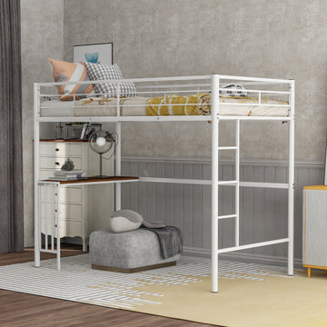 Twin Metal Loft Bed With Desk, Ladder And Guardrails, Loft Bed For Bedroom, White Old Skumf195191Aak Twin White Metal