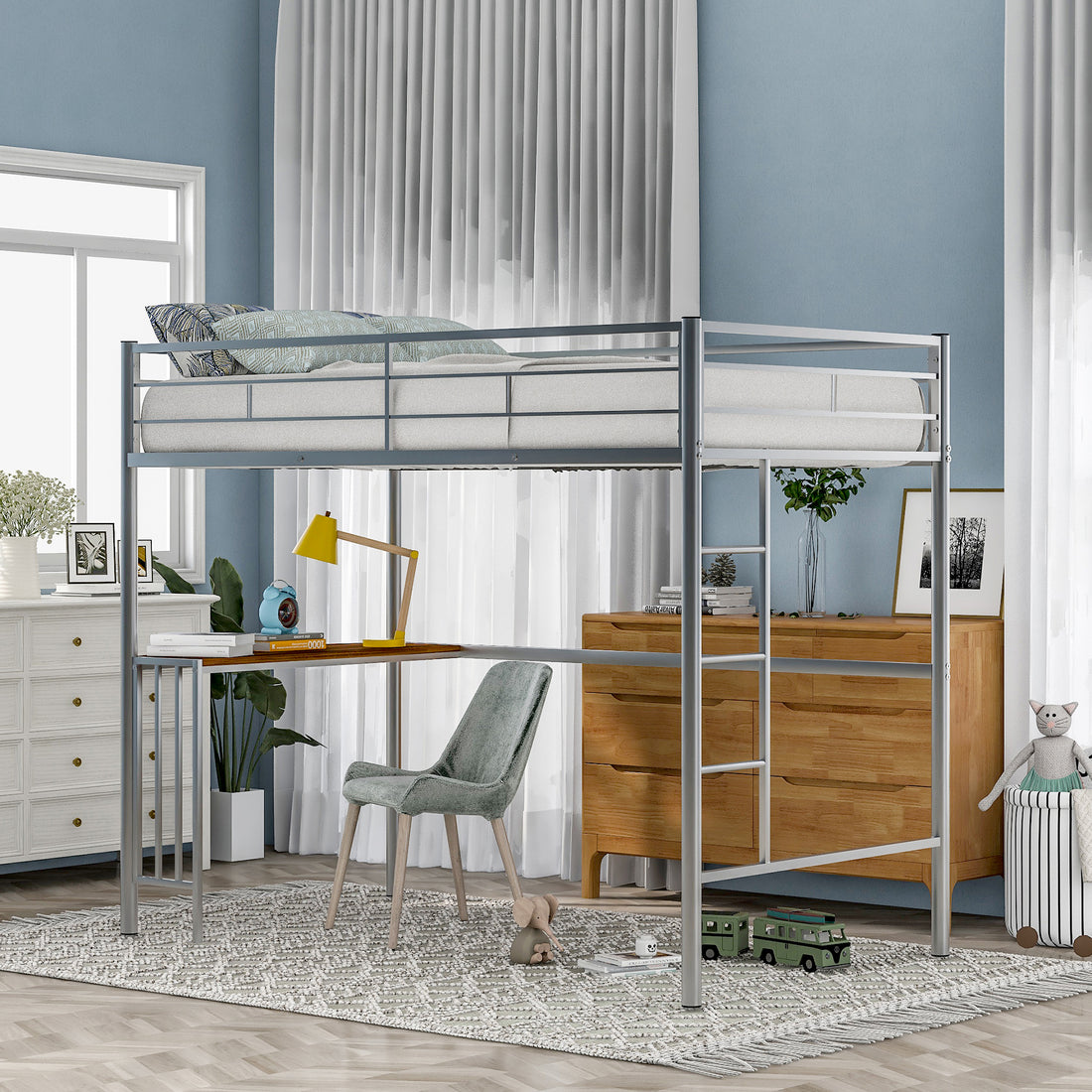 Twin Metal Loft Bed With Desk, Ladder And Guardrails, Loft Bed For Bedroom, Silver Old Skumf195191Aan Twin Silver Metal