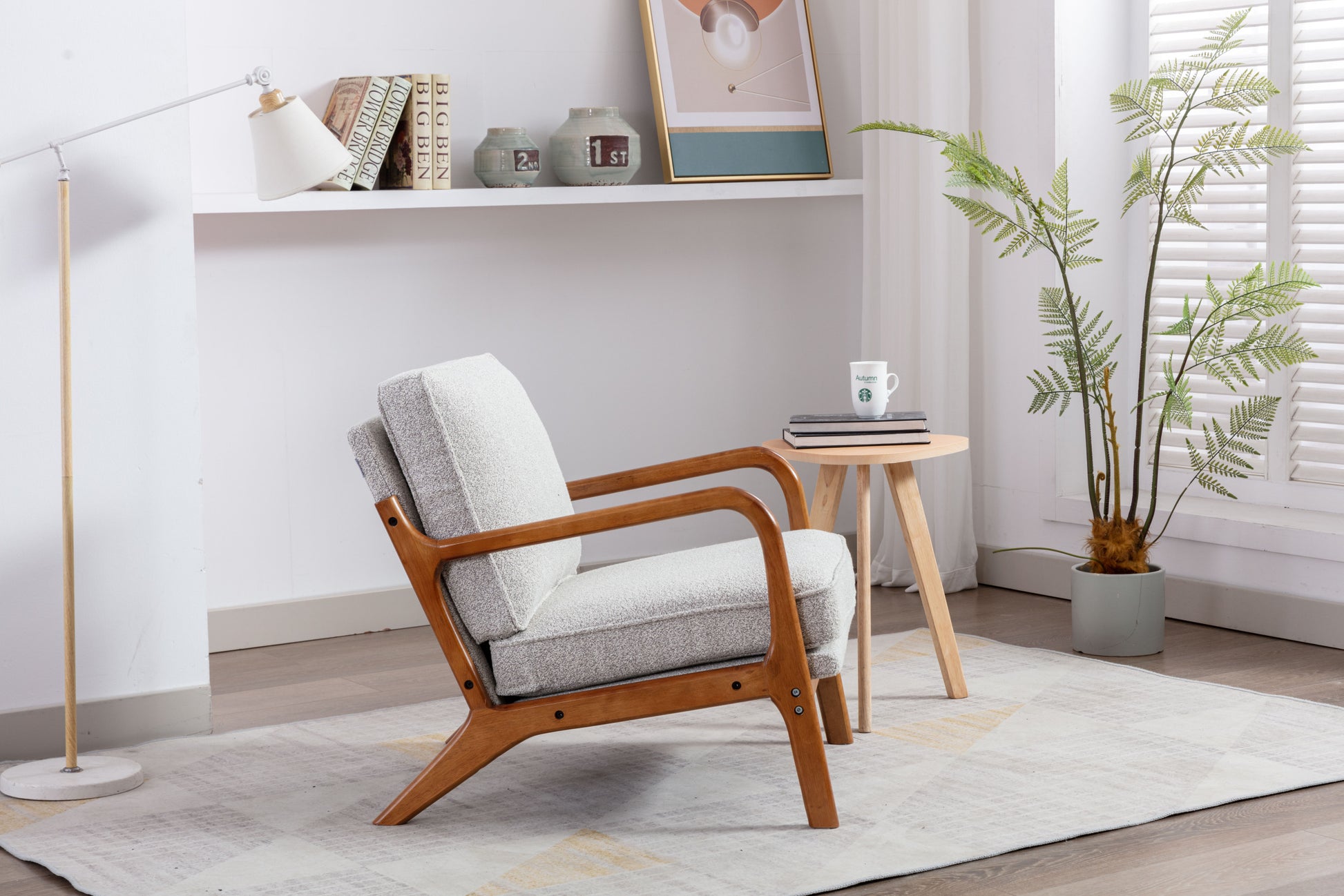 Coolmore Mid Century Modern Accent Chair, Comfy Fabric Living Room Chairs With Solid Wood Frame, Lounge Reading Armchair, Easy Assembly Oyster Grey Oyster Grey Primary Living Space Foam Boucle