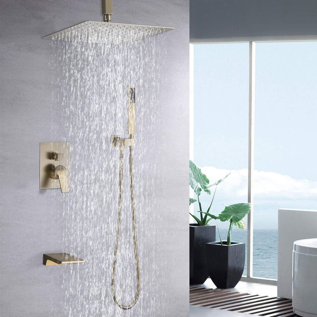 10Inch Shower System With Rain Shower Faucet Sets Brushed Gold Stainless Steel