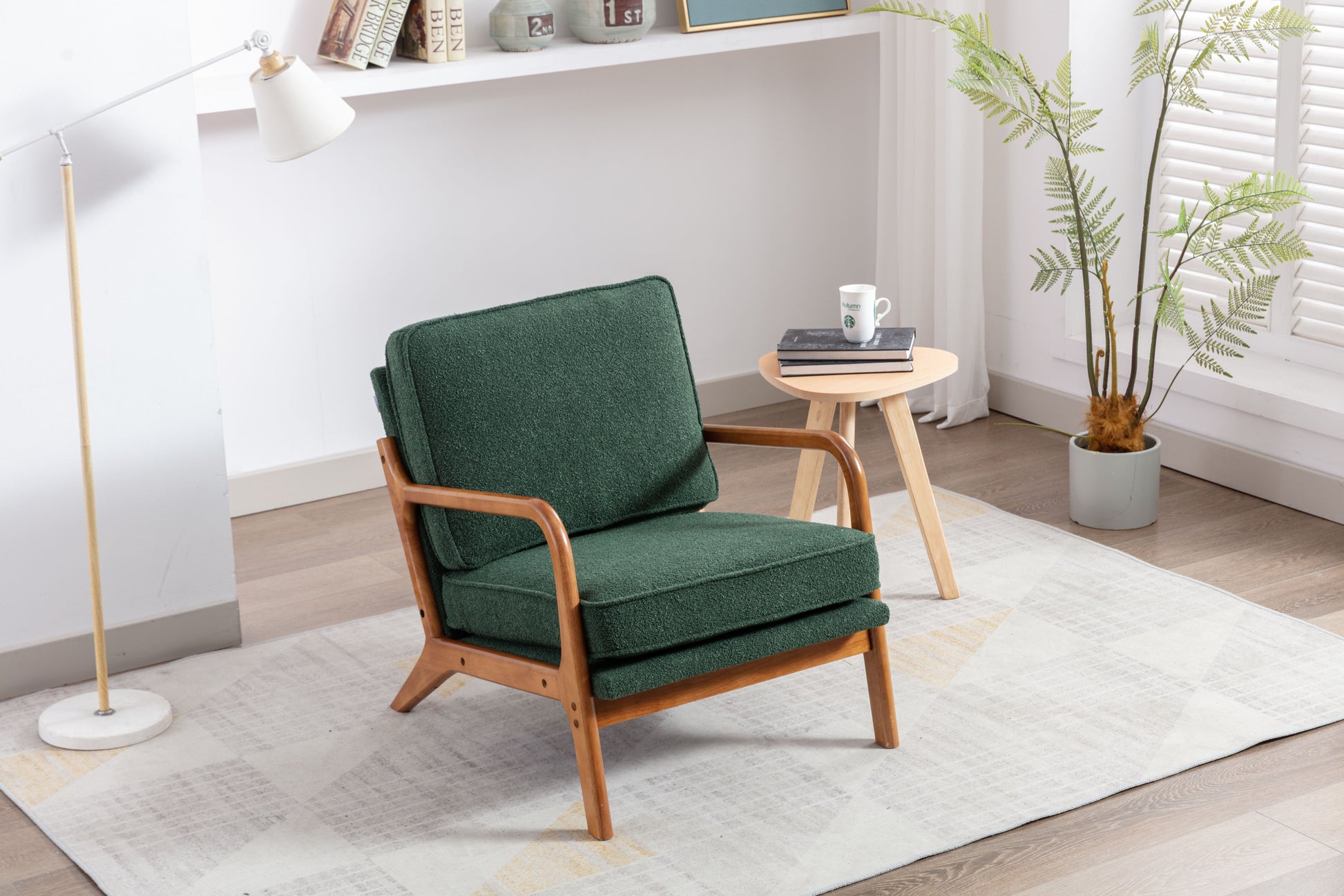 Coolmore Mid Century Modern Accent Chair, Comfy Fabric Living Room Chairs With Solid Wood Frame, Lounge Reading Armchair, Easy Assembly Emerald Emerald Primary Living Space Foam Boucle