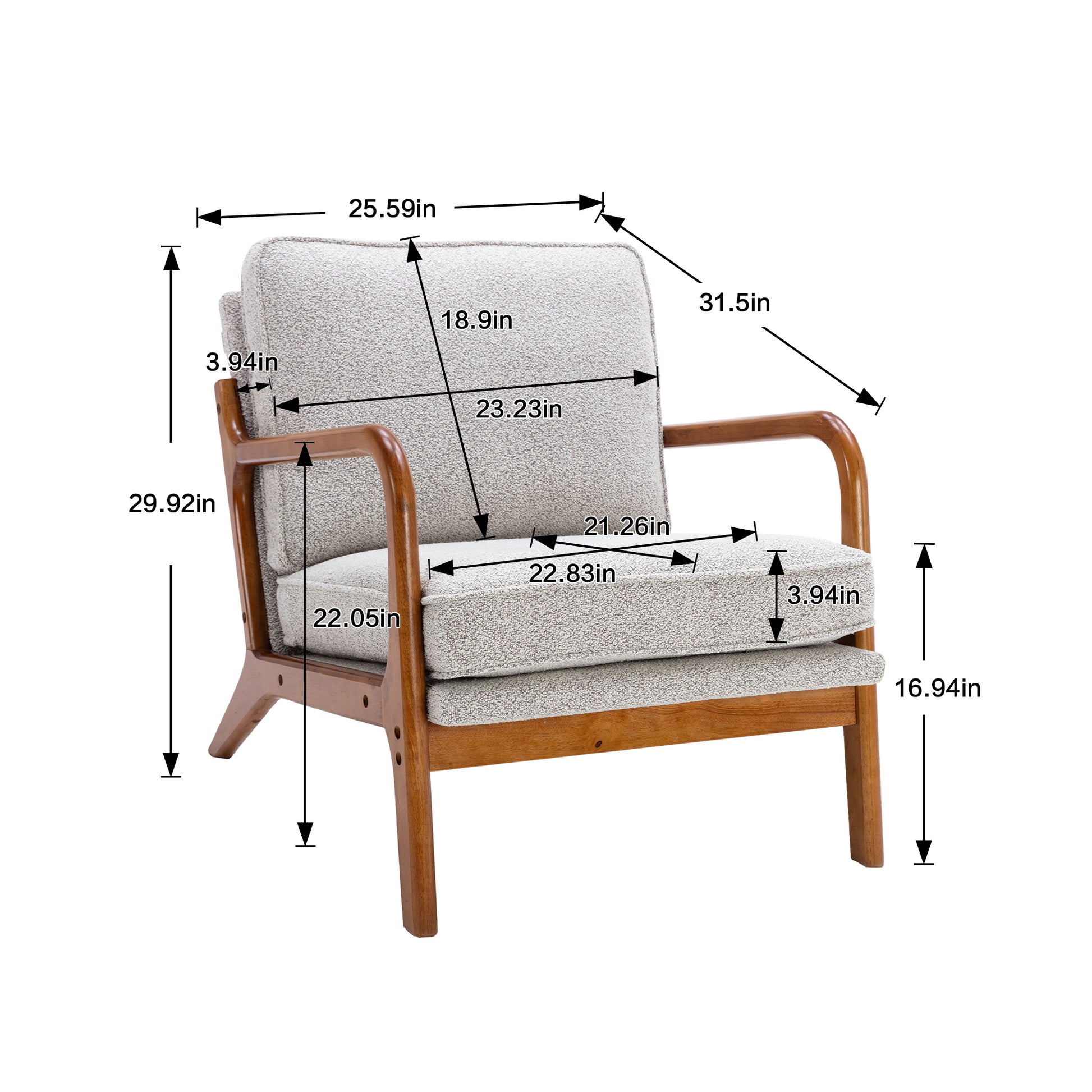 Coolmore Mid Century Modern Accent Chair, Comfy Fabric Living Room Chairs With Solid Wood Frame, Lounge Reading Armchair, Easy Assembly Oyster Grey Oyster Grey Primary Living Space Foam Boucle