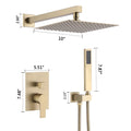 10Inch Brushed Gold Brass Rainfall Shower System, Luxuly Bathroom Shower Faucet Combo Set Brushed Gold Stainless Steel