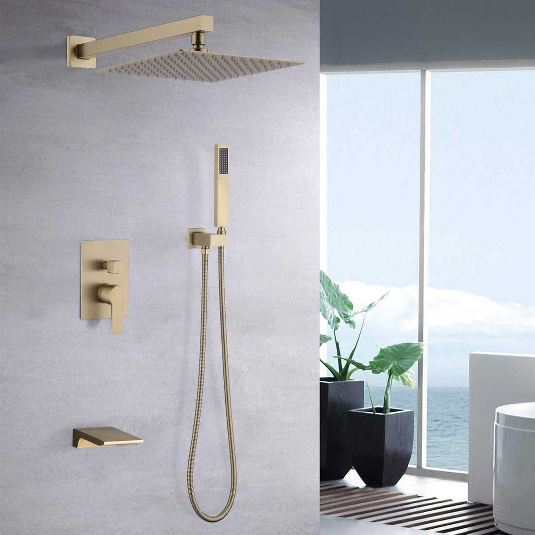 10Inch Wall Mounted Rainfall Shower Head System Shower Faucet Brushed Gold Stainless Steel