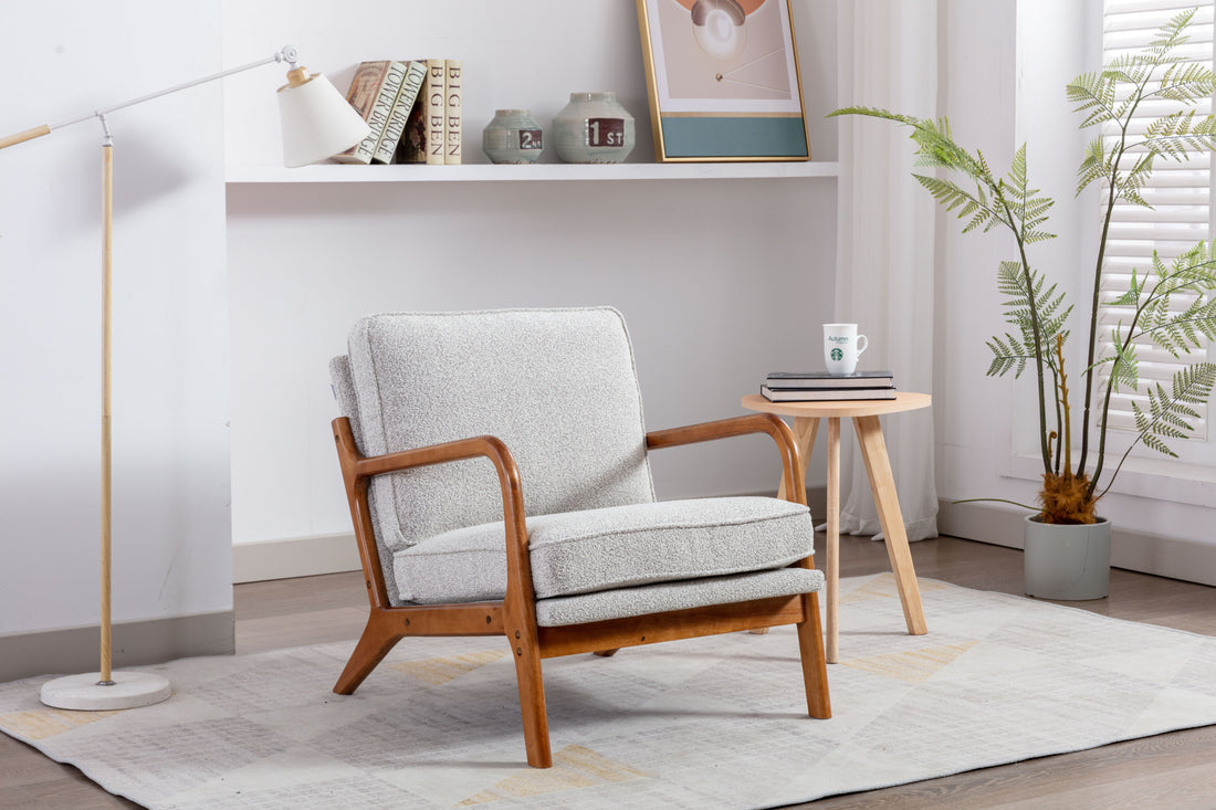 Coolmore Mid Century Modern Accent Chair, Comfy Fabric Living Room Chairs With Solid Wood Frame, Lounge Reading Armchair, Easy Assembly Oyster Grey Oyster Grey Primary Living Space Foam Boucle