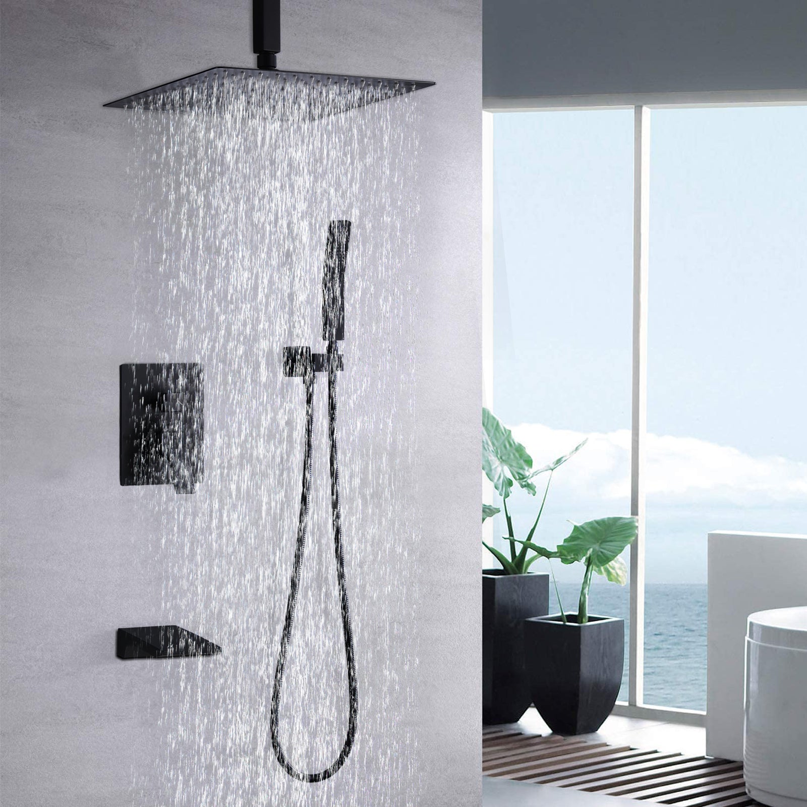 10Inch Shower System With Rain Shower Faucet Sets Matte Black Stainless Steel