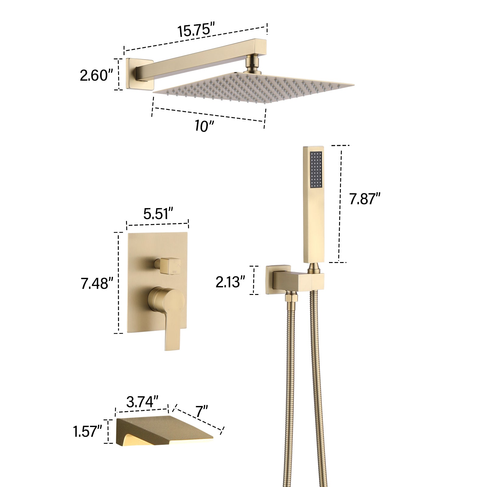 10Inch Wall Mounted Rainfall Shower Head System Shower Faucet Brushed Gold Stainless Steel