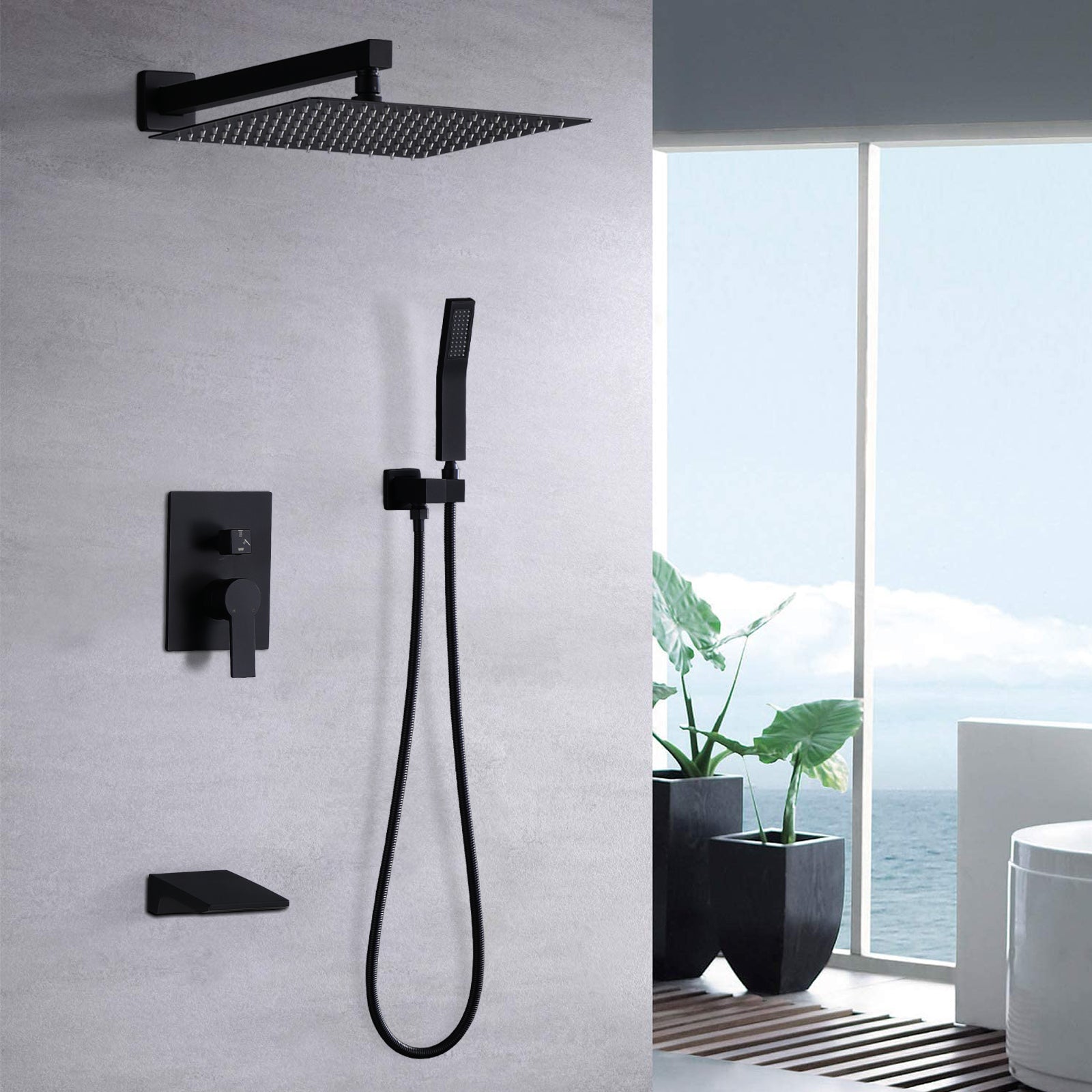 10Inch Wall Mounted Rainfall Shower Head System Shower Faucet Matte Black Stainless Steel