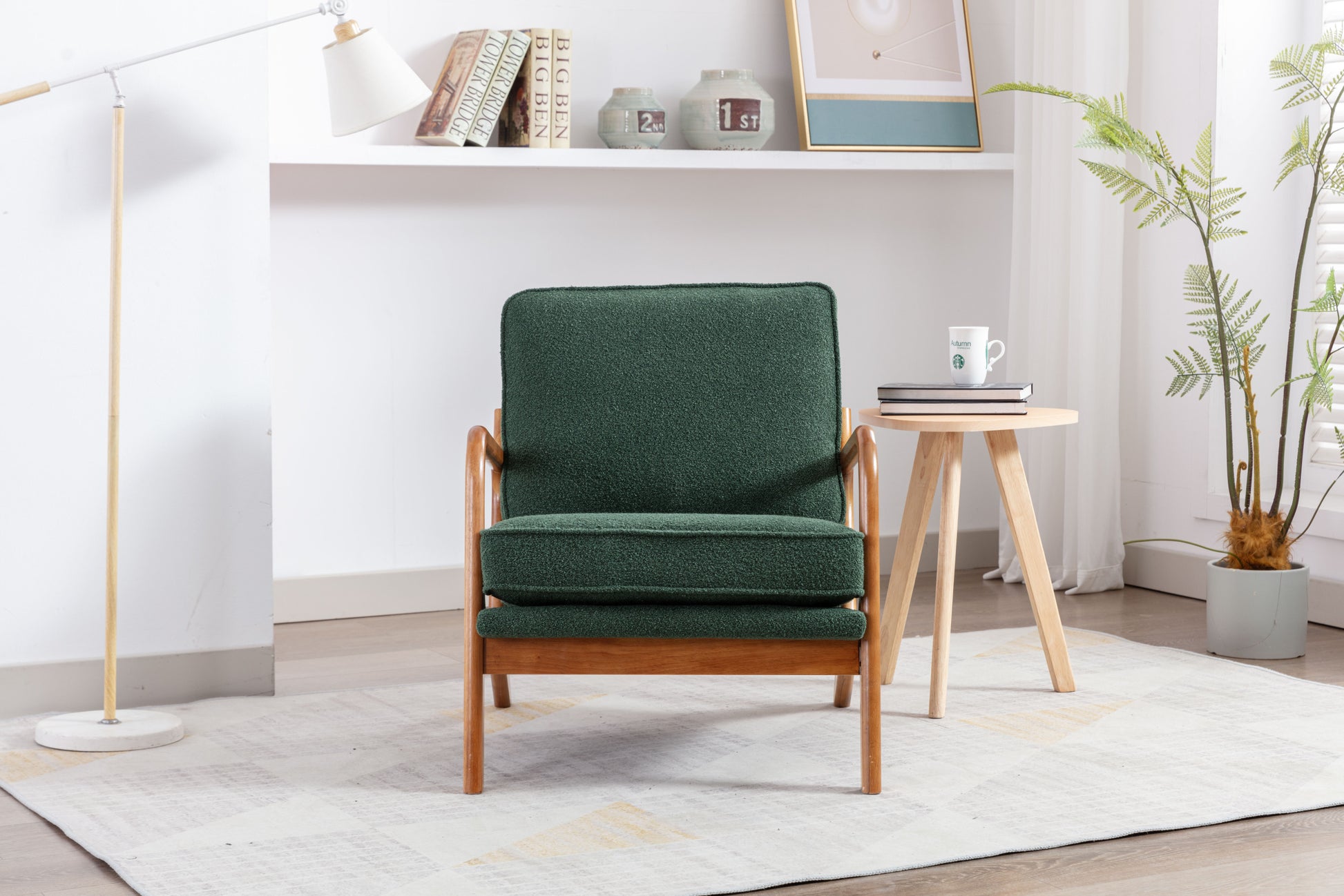 Coolmore Mid Century Modern Accent Chair, Comfy Fabric Living Room Chairs With Solid Wood Frame, Lounge Reading Armchair, Easy Assembly Emerald Emerald Primary Living Space Foam Boucle