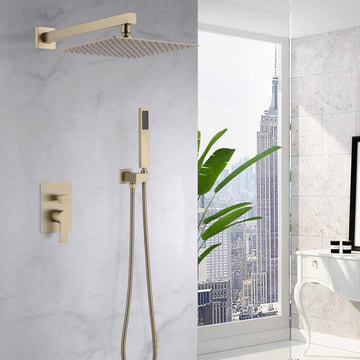 12 Inch Bathroom Rain Shower Combo Set With Hand Shower Brushed Gold Stainless Steel