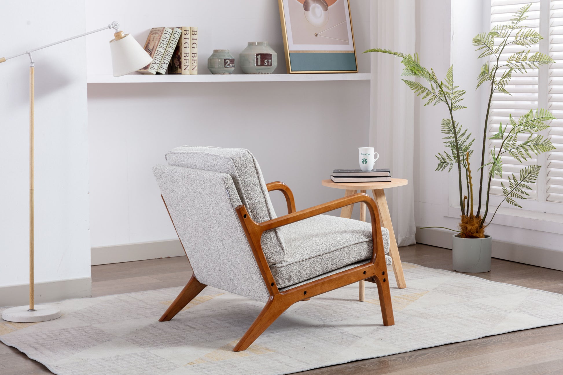 Coolmore Mid Century Modern Accent Chair, Comfy Fabric Living Room Chairs With Solid Wood Frame, Lounge Reading Armchair, Easy Assembly Oyster Grey Oyster Grey Primary Living Space Foam Boucle