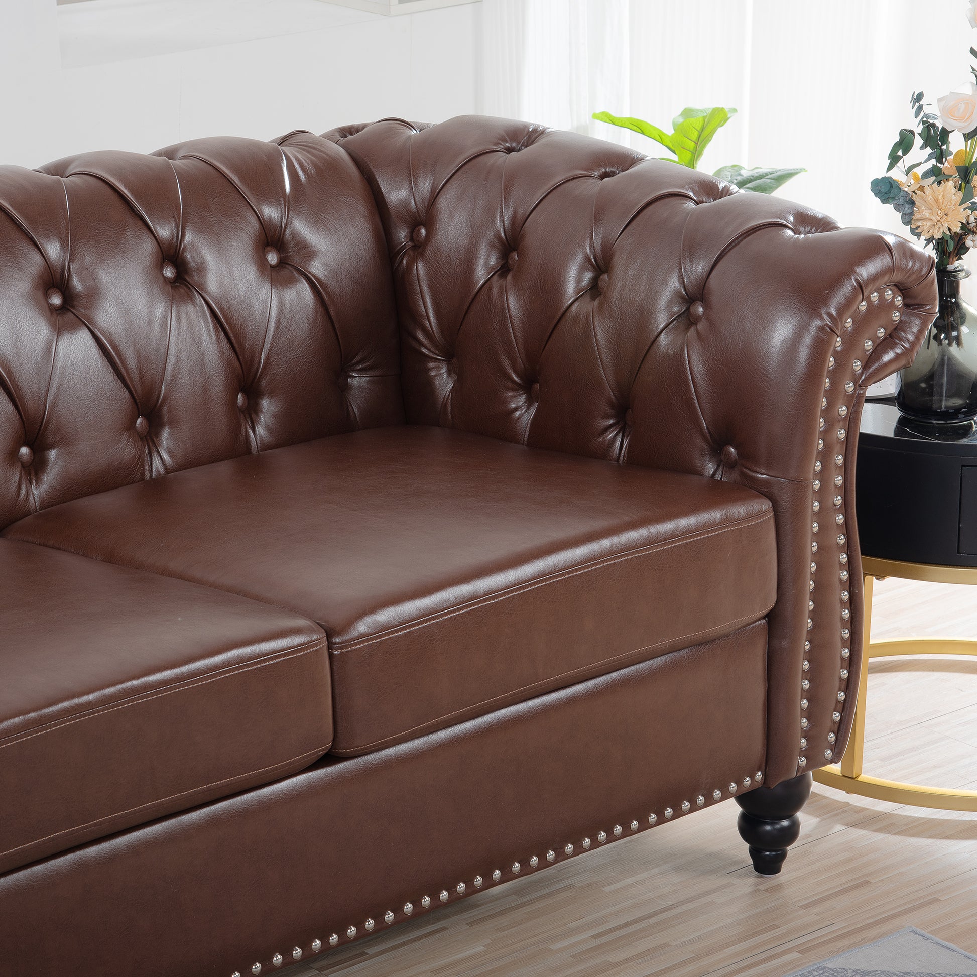 84.65" Dark Brown Pu Rolled Arm Chesterfield Three Seater Sofa. Dark Brown Foam Pu