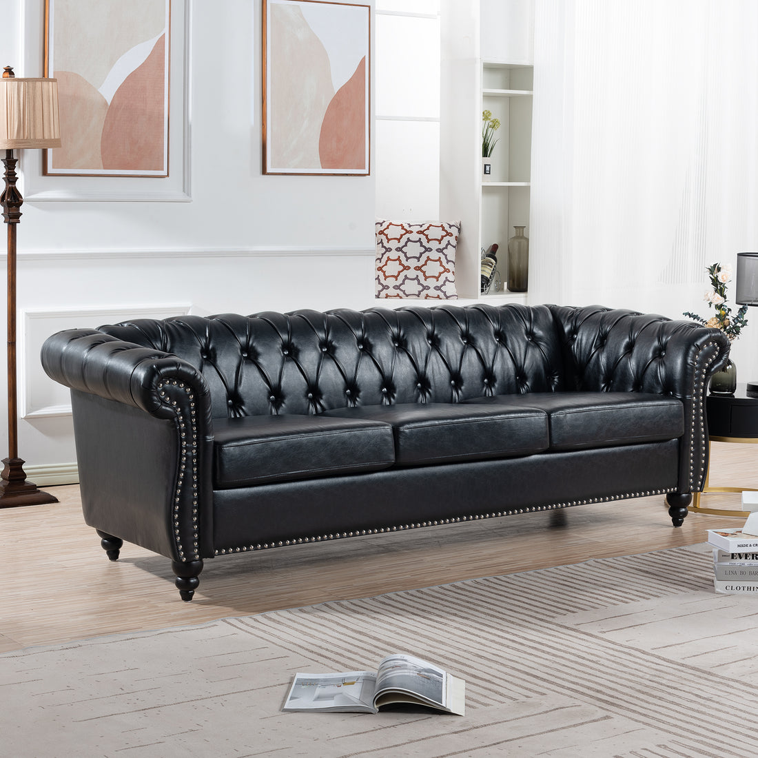 84.65" Black Pu Rolled Arm Chesterfield Three Seater Sofa. Black Foam Pu