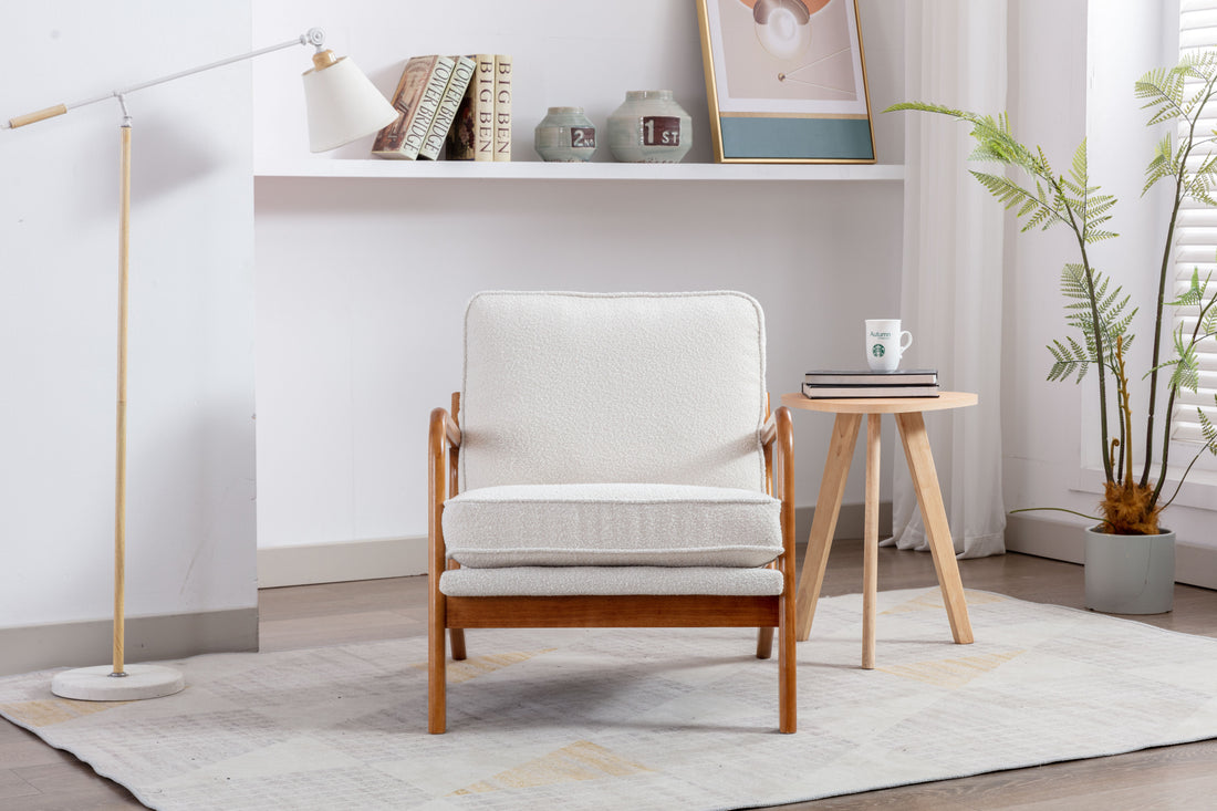 Coolmore Mid Century Modern Accent Chair, Comfy Fabric Living Room Chairs With Solid Wood Frame, Lounge Reading Armchair, Easy Assembly Beige Beige Primary Living Space Foam Boucle