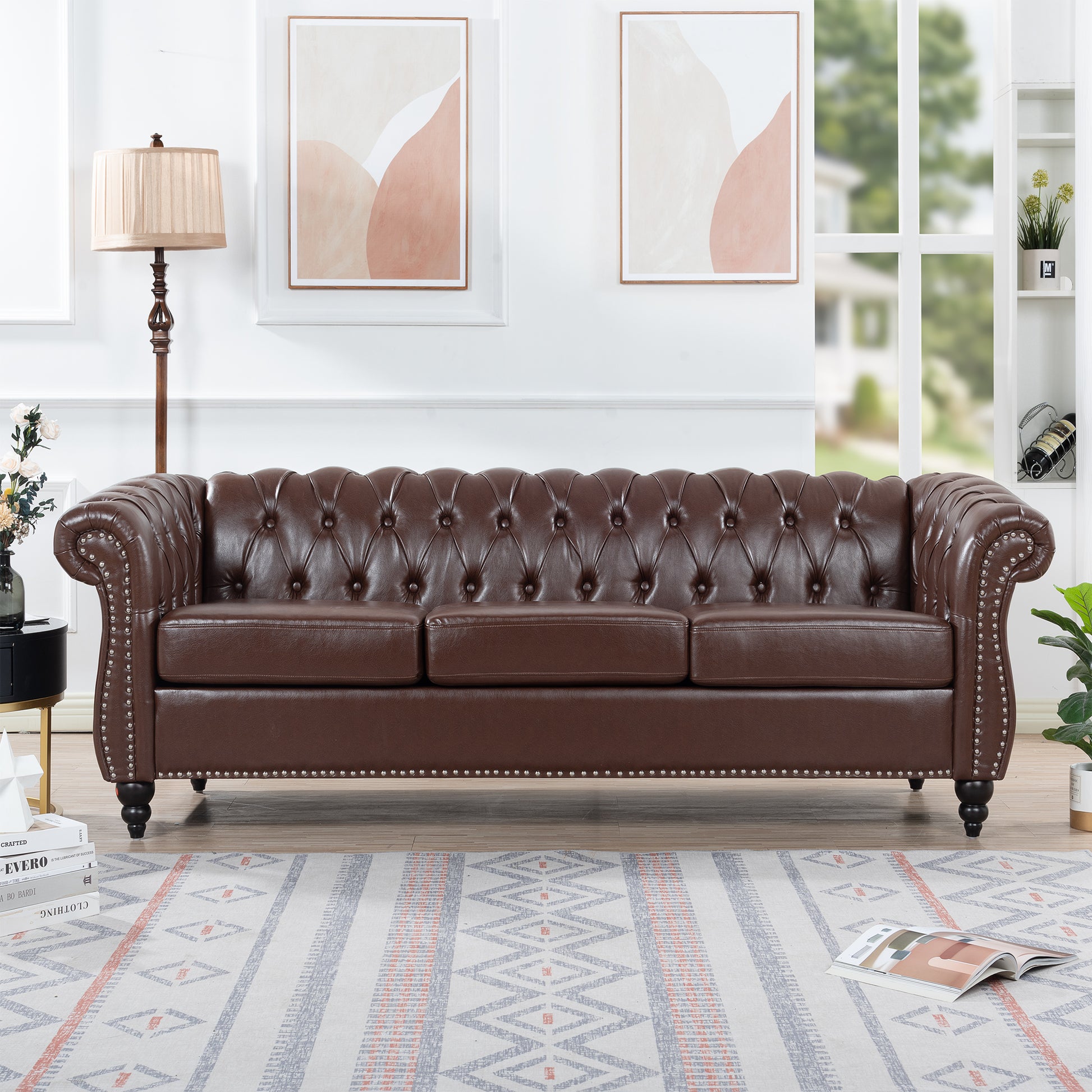 84.65" Dark Brown Pu Rolled Arm Chesterfield Three Seater Sofa. Dark Brown Foam Pu