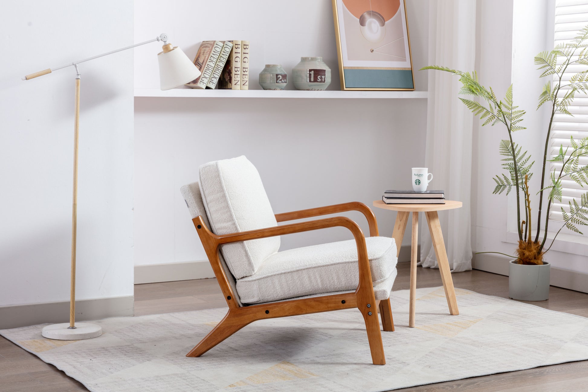 Coolmore Mid Century Modern Accent Chair, Comfy Fabric Living Room Chairs With Solid Wood Frame, Lounge Reading Armchair, Easy Assembly Beige Beige Primary Living Space Foam Boucle