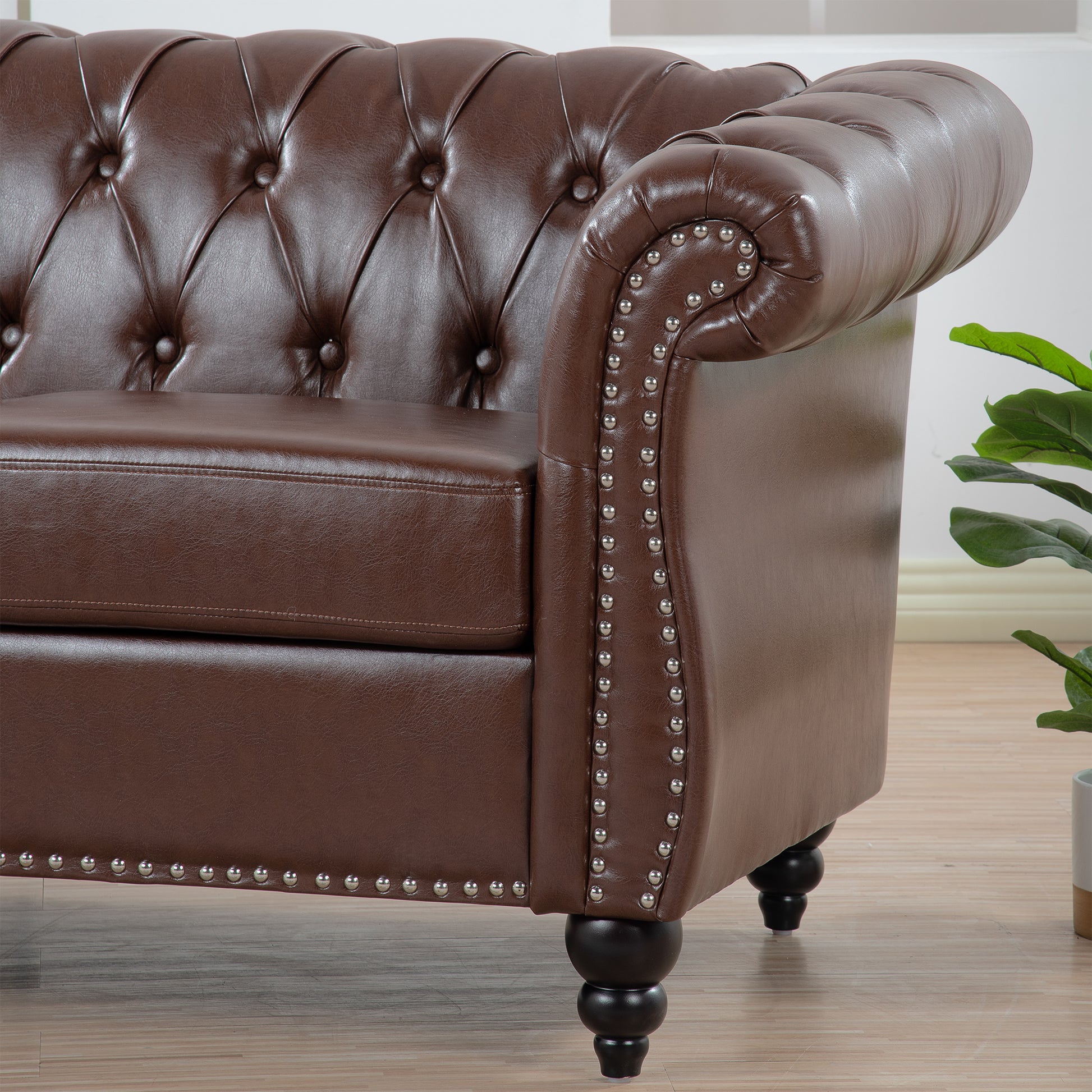 84.65" Dark Brown Pu Rolled Arm Chesterfield Three Seater Sofa. Dark Brown Foam Pu