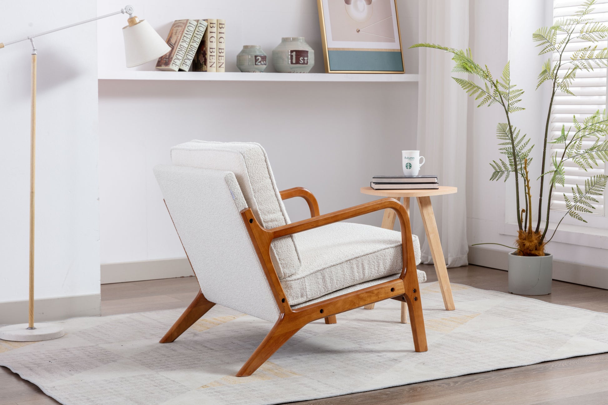 Coolmore Mid Century Modern Accent Chair, Comfy Fabric Living Room Chairs With Solid Wood Frame, Lounge Reading Armchair, Easy Assembly Beige Beige Primary Living Space Foam Boucle
