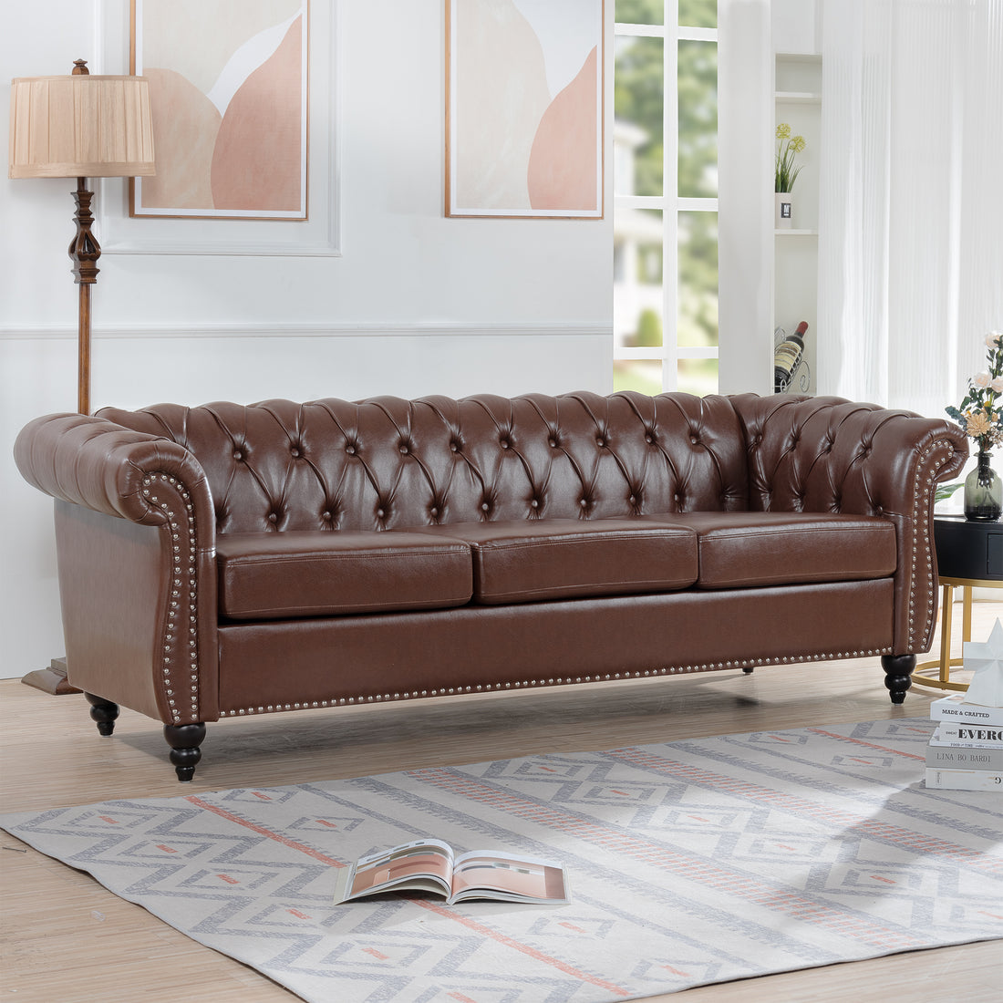 84.65" Dark Brown Pu Rolled Arm Chesterfield Three Seater Sofa. Dark Brown Foam Pu