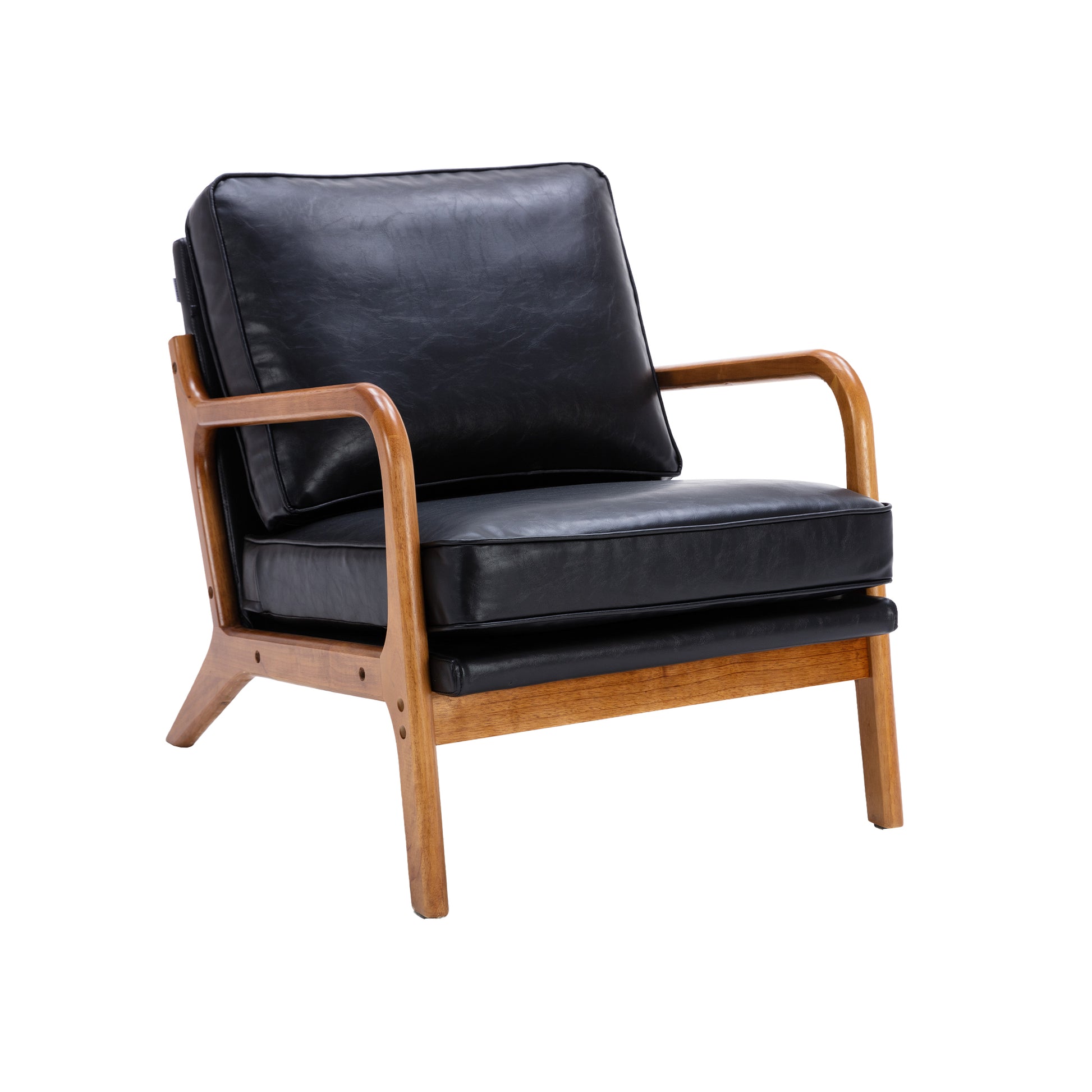 Coolmore Mid Century Modern Accent Chair, Comfy Fabric Living Room Chairs With Solid Wood Frame, Lounge Reading Armchair, Easy Assembly Black Pu Black Primary Living Space Foam Pu