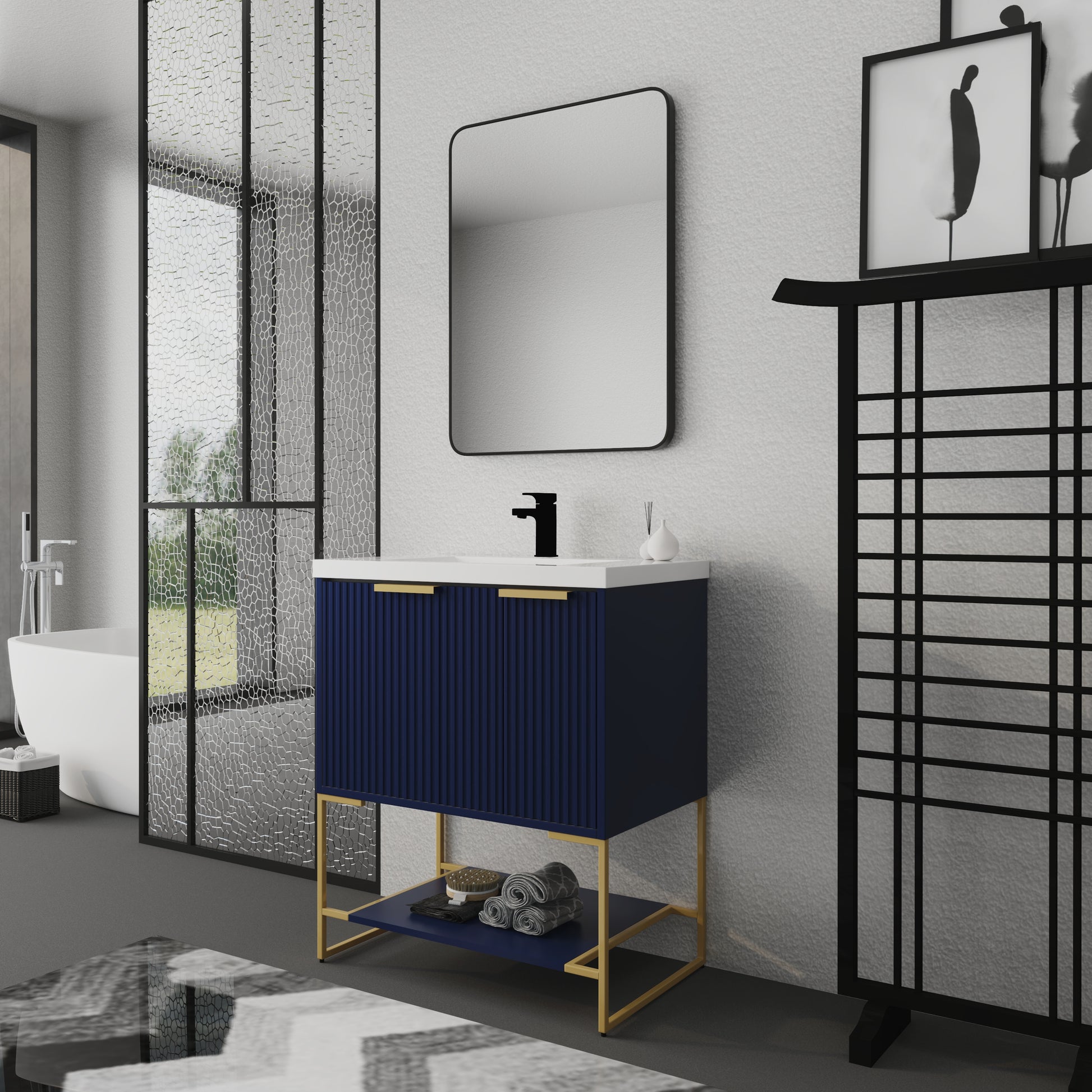 30 Inch Freestanding Bathroom Vanity With Resin Basin,30X18 Bva 01130Nb 1 1 Navy Blue 1 1 Soft Close Doors Bathroom Freestanding Modern Plywood Plywood