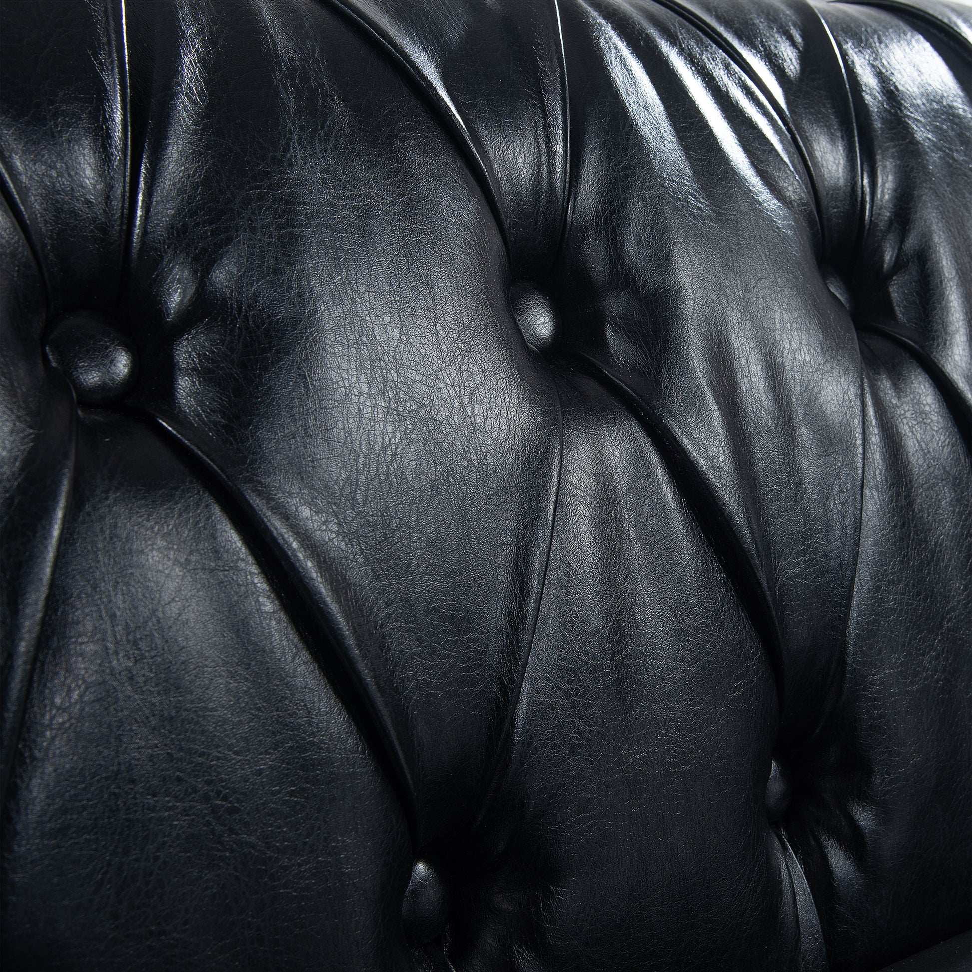 84.65" Black Pu Rolled Arm Chesterfield Three Seater Sofa. Black Foam Pu