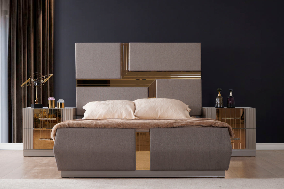 Lorenzo Gold Detailed Tufted Upholstery Queen Bed Made With Wood In Gray Box Spring Not Required Queen Gray Wood Bedroom Modern Acacia Bed Frame Wood