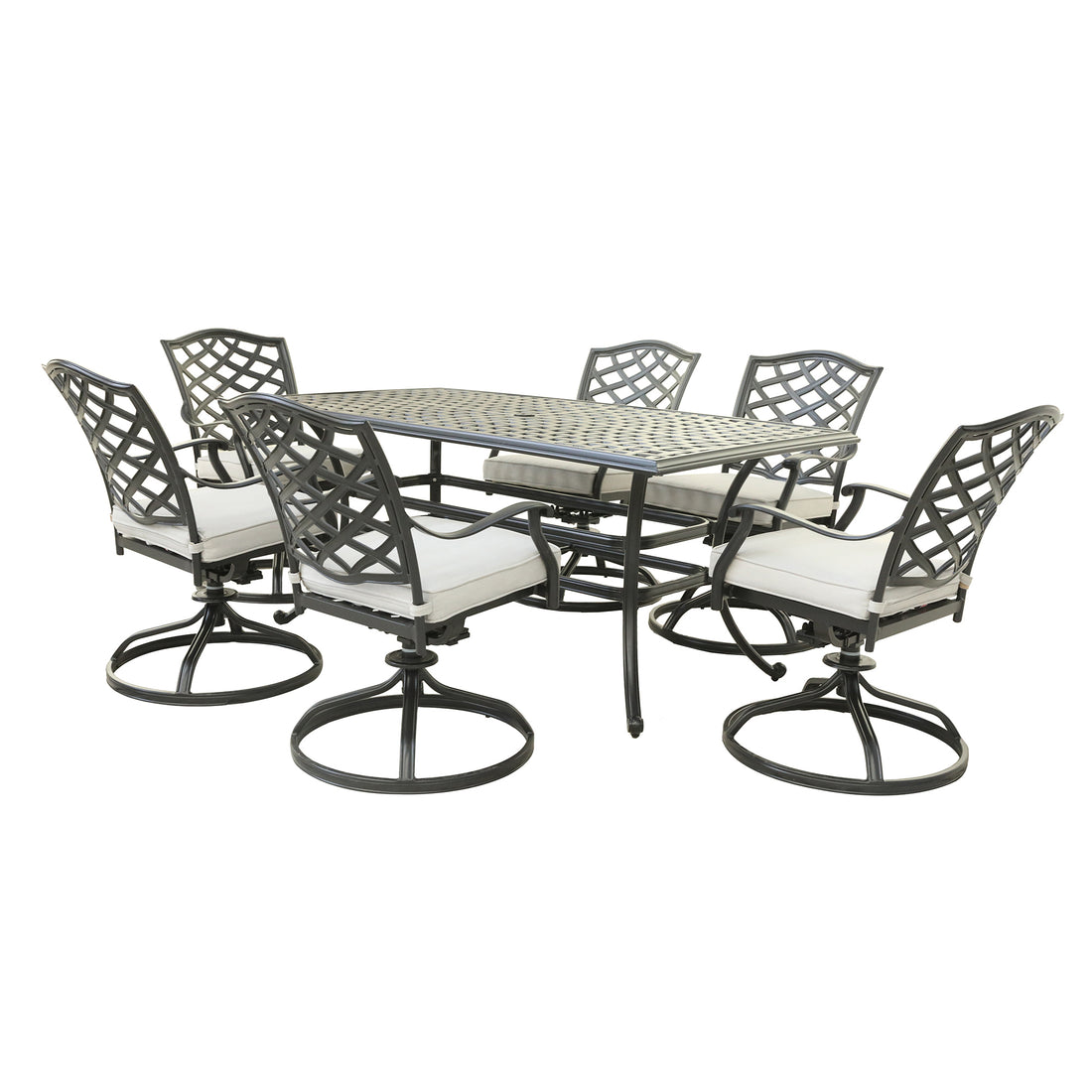 Aluminum 7 Piece Rectangular Dining Set With 6 Swivel Rockers, Cast Silver Brown Ivory Polyester Aluminum