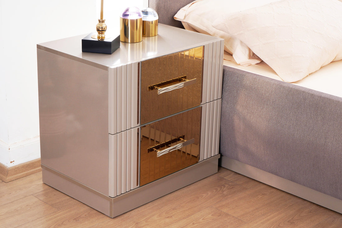 Lorenzo Gold Detailed Nightstand Made With Wood In Gray Gray 2 Drawers Bedroom Drawer Storage Modern Drawers Wood