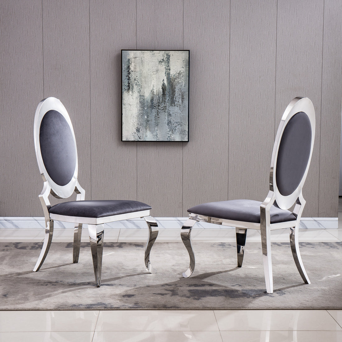 Velvet Dining Chair With Oval Backrest Set Of 2, Stainless Steel Legs, Size: 22"Lx26"Dx44"H Gray Velvet