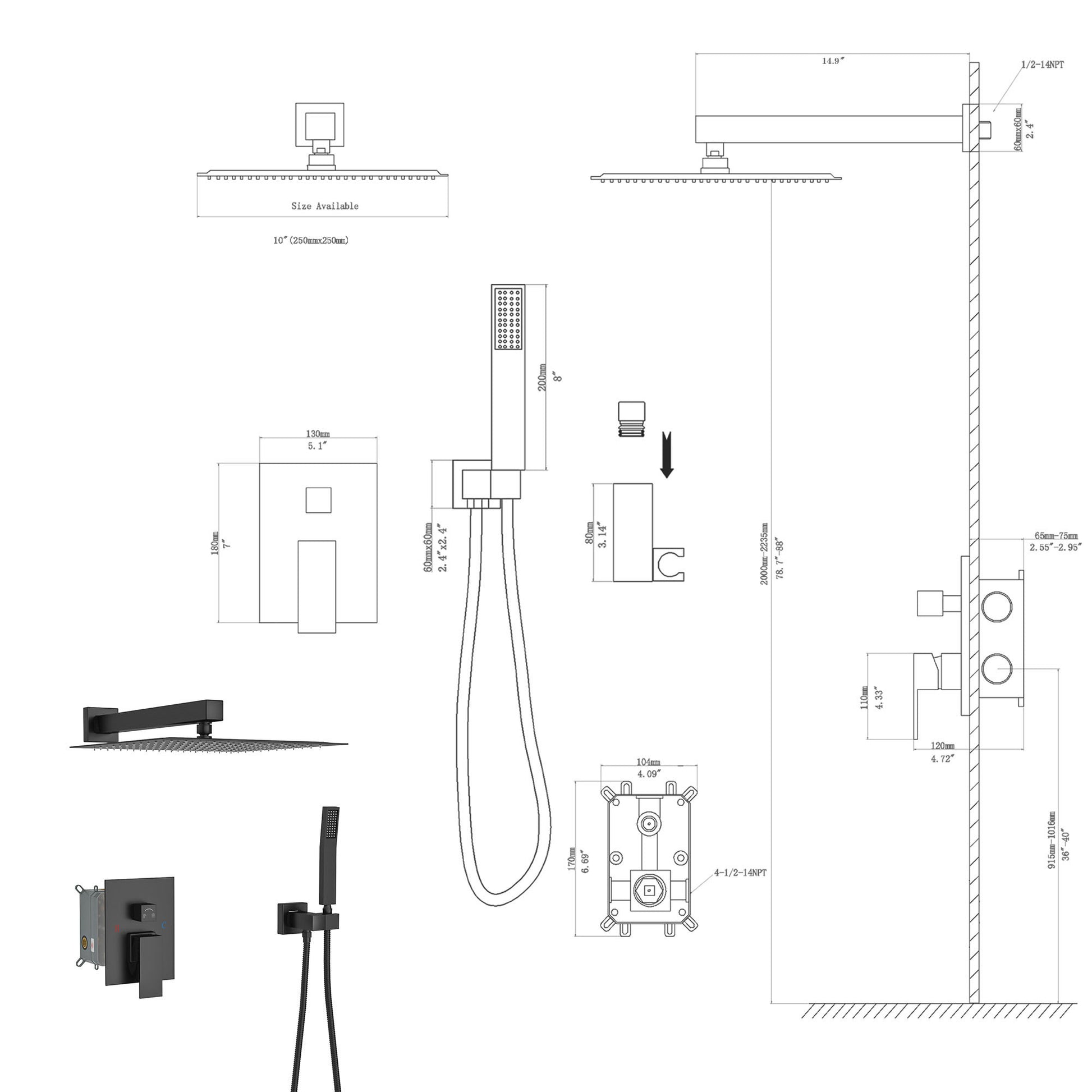 Dual Shower Head 10 Inch Wall Mounted Square Shower System With Rough In Valve,Matte Black Matte Black Stainless Steel