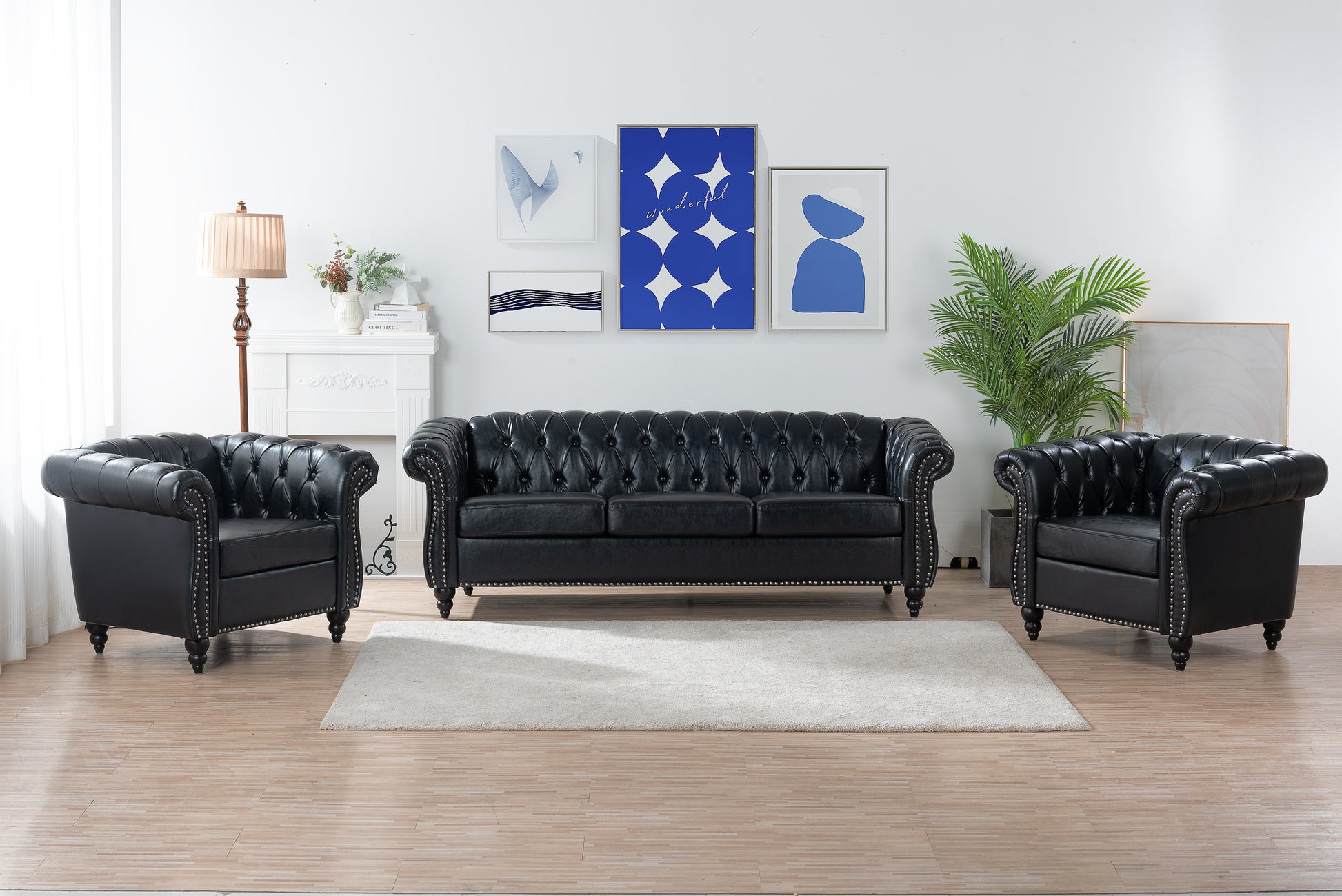 3 Piece Configurable Living Room Set Black Pu